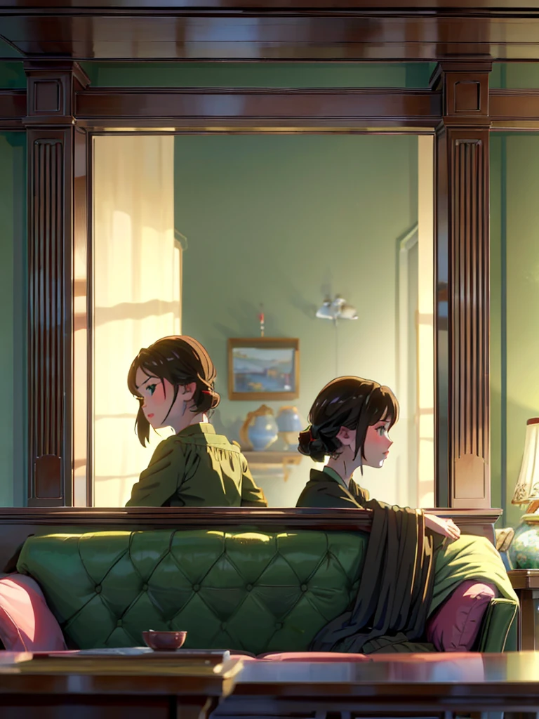 Two twin girls (both are talking about their classes) brown hair with emerald green eyes, {anime style} {best quality} they are sitting in an armchair in the living room (common room, European design, average European house) (background perspective, inclined 20 degrees to the left of the twins' position)