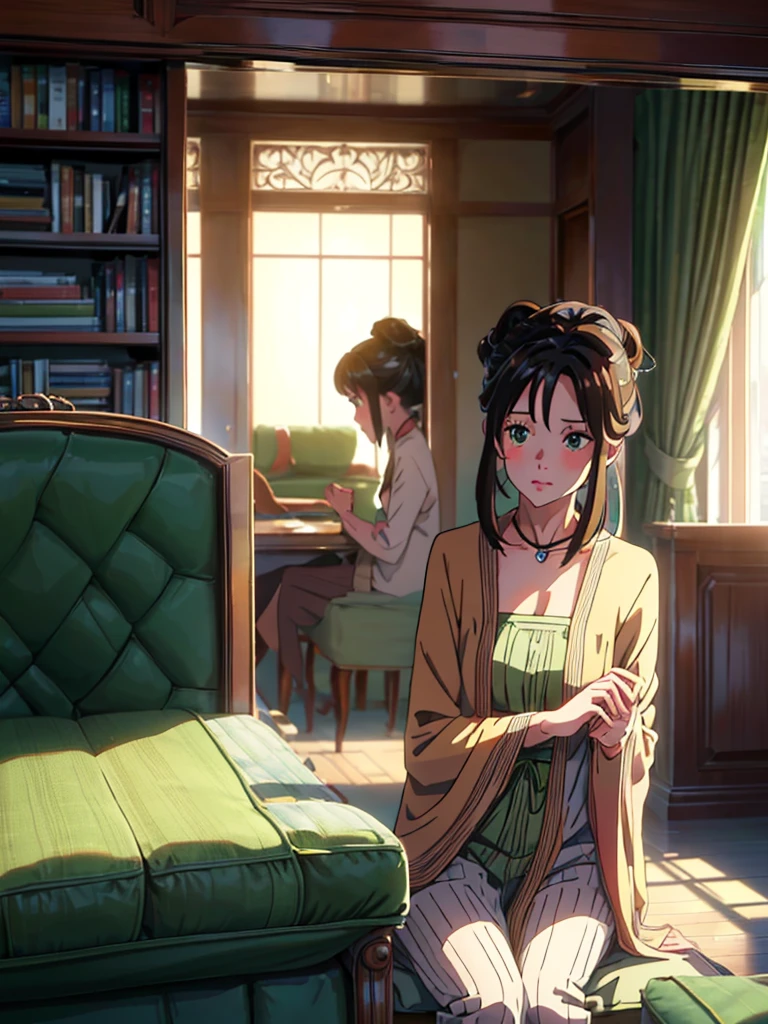 Two twin girls (both are talking about their classes) brown hair with emerald green eyes, {anime style} {best quality} they are sitting in an armchair in the living room (common room, European design, average European house) (background perspective, inclined 20 degrees to the left of the twins' position)