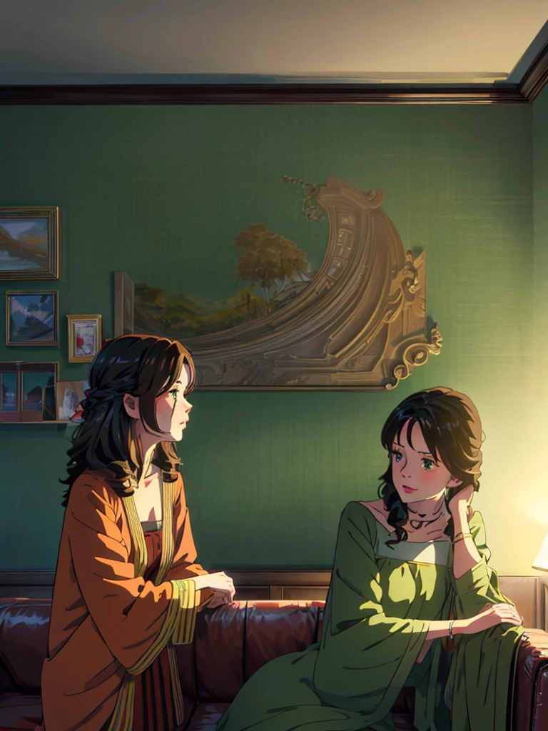 Two twin girls (both are talking about their classes) brown hair with emerald green eyes, {anime style} {best quality} they are sitting in an armchair in the living room (common room, European design, average European house) (background perspective, inclined 20 degrees to the left of the twins' position)