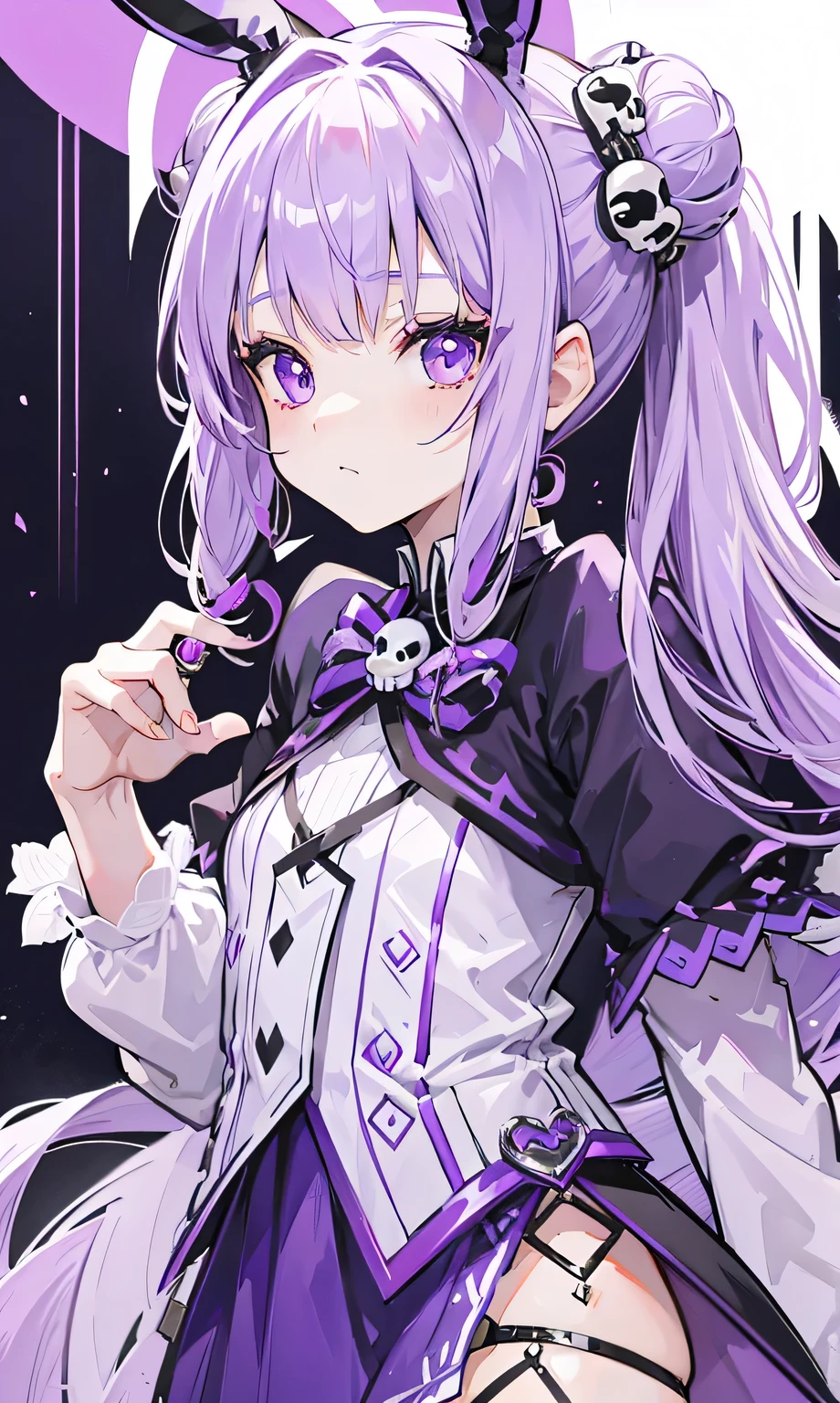 Long purple hair with double ponytail,Ring bun,Silver skull decoration,Purple and white clothes,Smart little girl,The face is cute like a rabbit