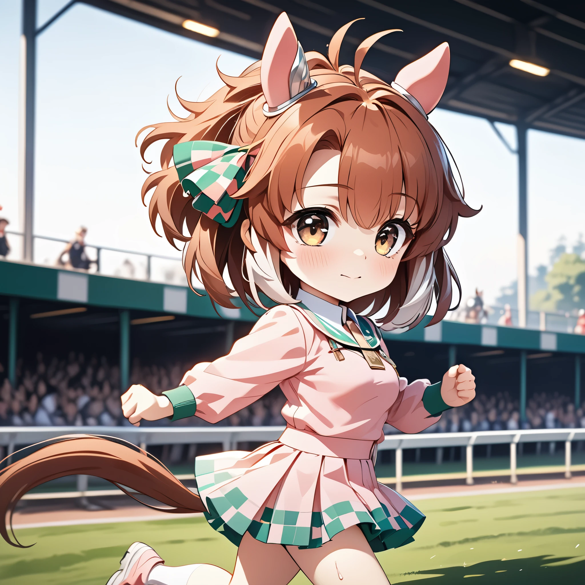 1girl,dantsu_flame\(umamusume\),horse tail,horse ears, pink clothes,mini skirt,from side,serious,sweat,closed mouth,grit your teeth, motion blur,(((running))),((dash)), sweat,smoke,(((turf))),motion lines, (((horse racing track))), chibi,,ai-generated,,beautiful eyes,masterpiece,best quality,highres,4k,8k,