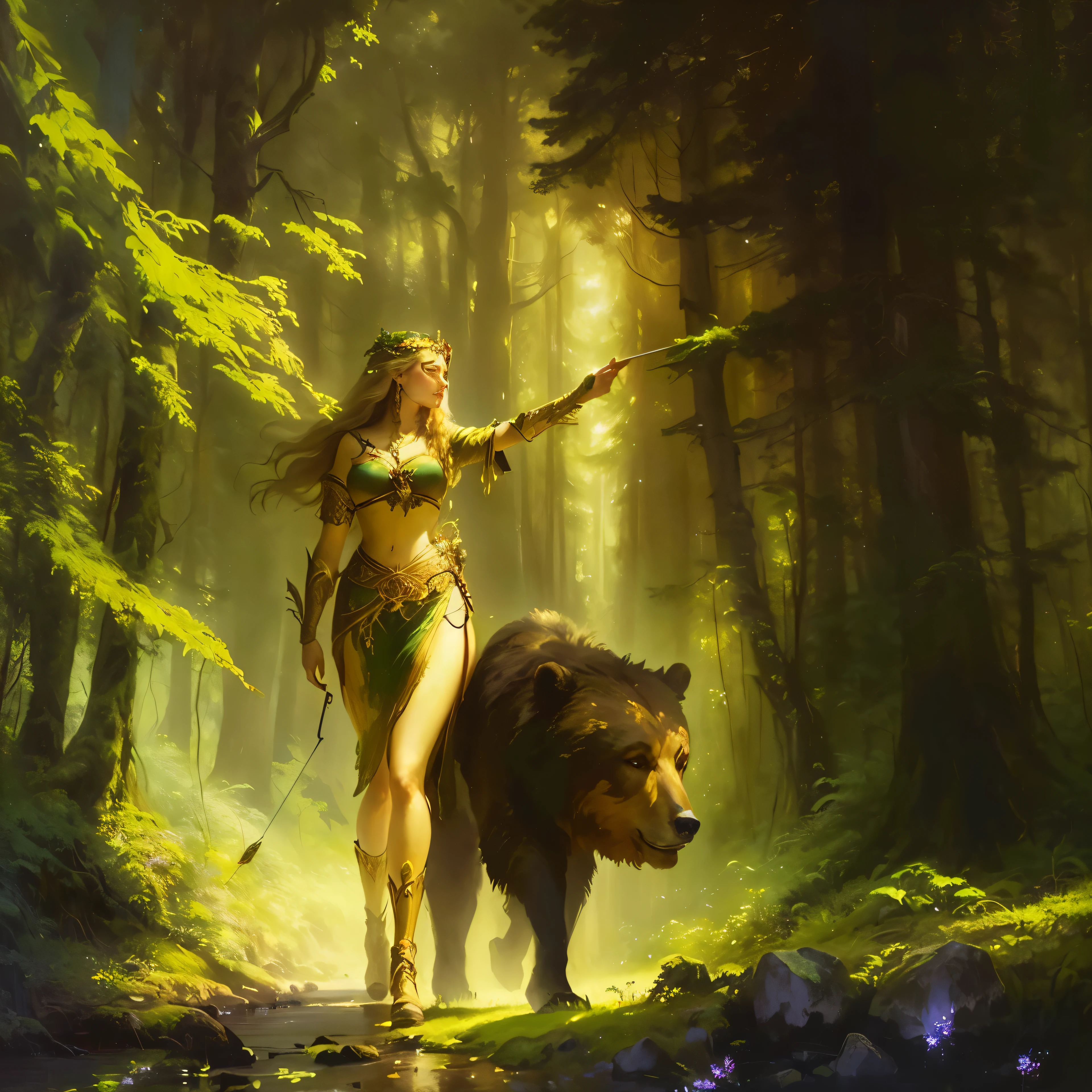 there is a woman riding a bear in the forest, forest goddess, lady huntress of the forest, queen of the forest, Wojtek FUS, arte de fantasia de tyler edlin, female forest archer, por Arthur Pan, Goddess of the hunt, by Alexander Gine, fêmea orc Druid da florestaa, Druid, linda Druid femininaa, Fantasy art Behance, Druid goddess