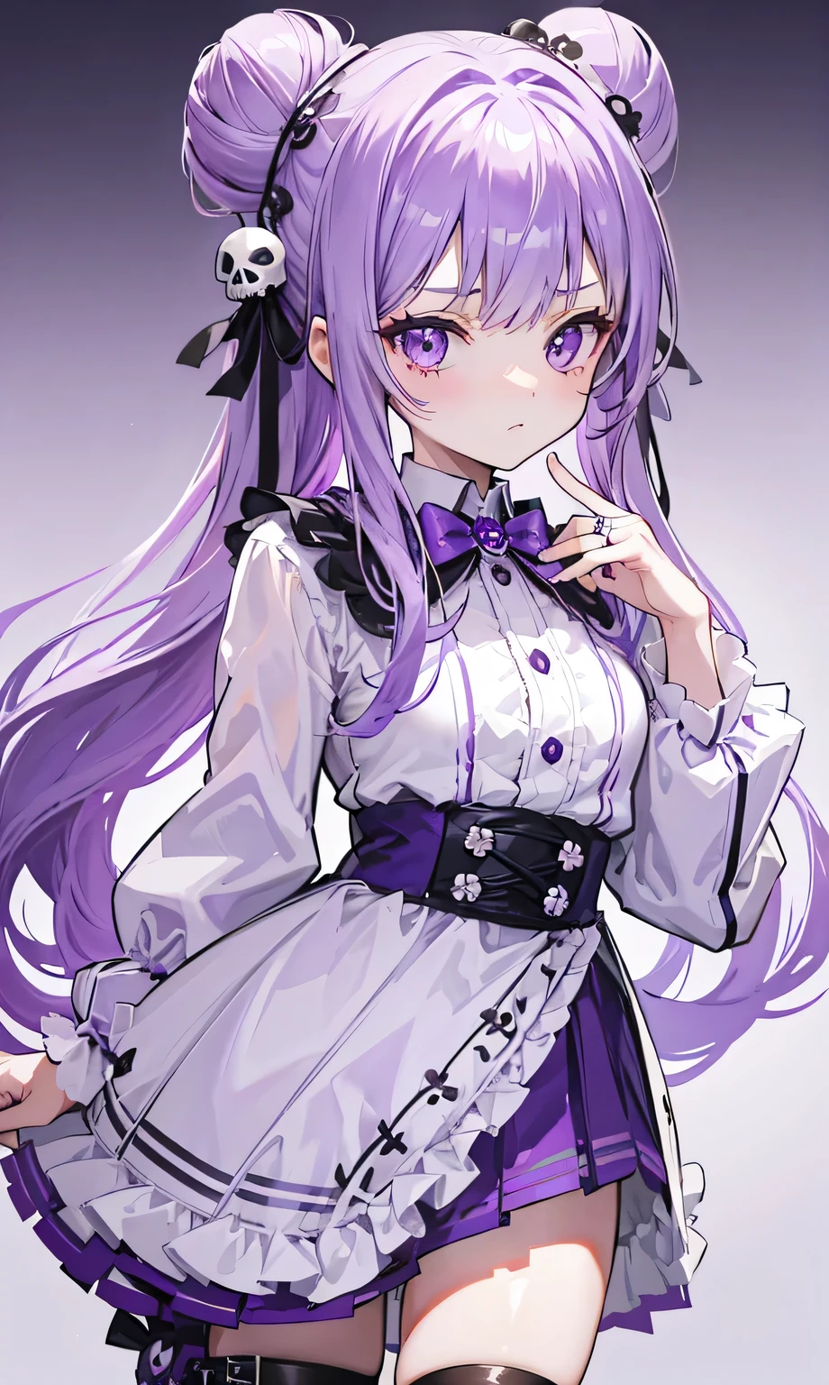 Long purple hair with double ponytail,Ring bun,Silver skull decoration,Purple and white clothes,Smart ,The face is cute like a rabbit