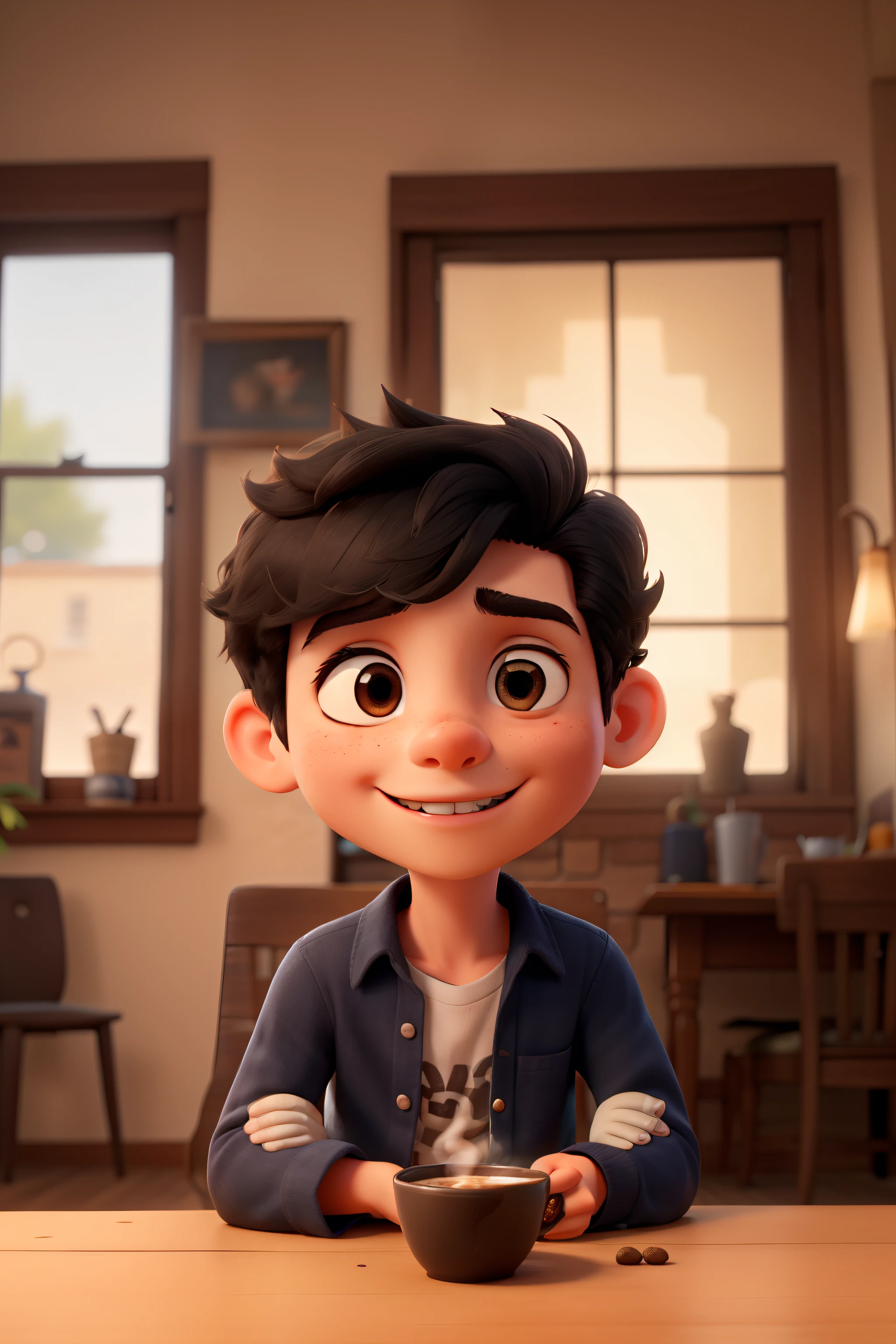 black hair boy with a cup of coffee and eating croutons