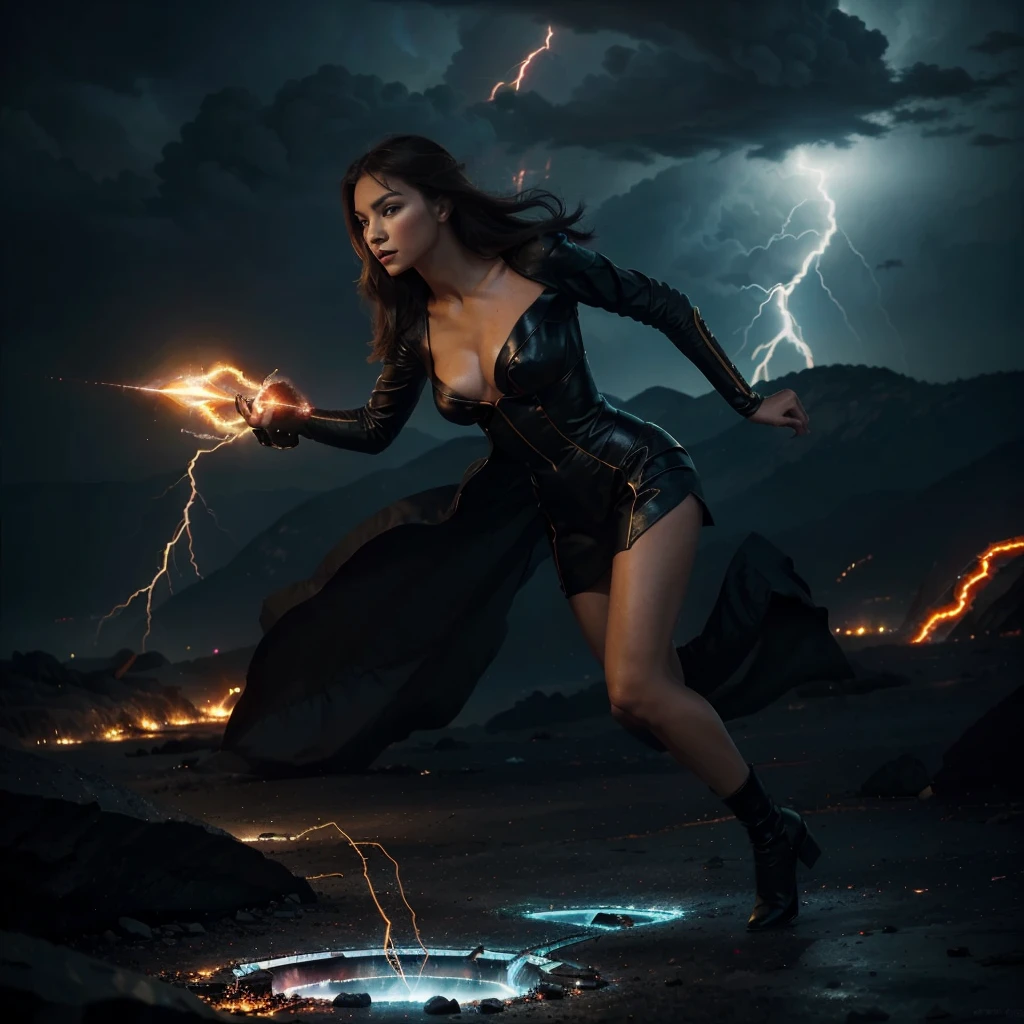 A incredibly stunning gorgeous lady stepping our of a fiery black energy rift surrounded by a bolt of lightning that seems to be locked into place, flawlessly rendered, in highest resolution possibly and in immaculate detail, perfectly focused and with crystal clear clarity, slender, gorgeous, full of fantasy background in amazing colors, hdr, amoled, photo realistic, raw photo