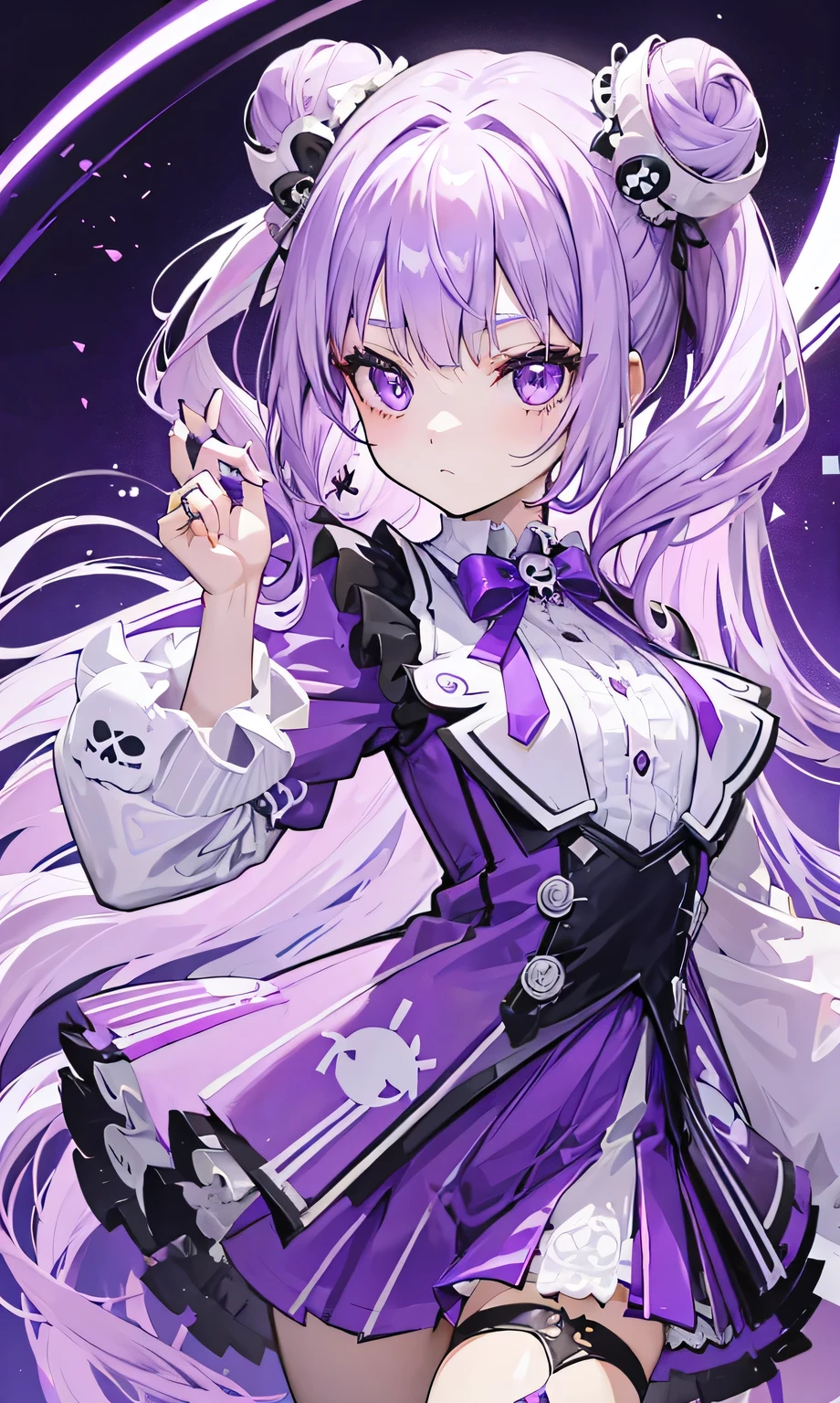 Long purple hair with double ponytail，Ring bun，Silver skull decoration，Purple and white clothes，Smart  girl，The face is cute like a rabbit