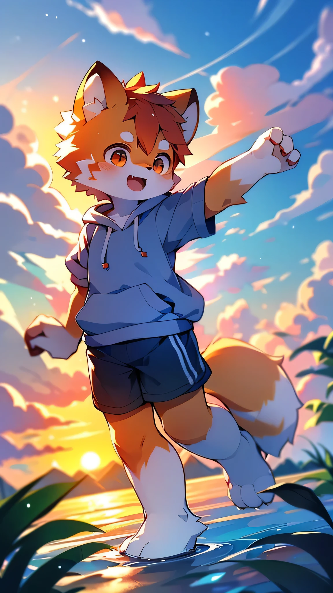 Red Panda Boy,School,student,(Cute characteristics of hoodies) Ultra-fine,Exact details,4K ultra-vivid,Cute Face,Fluffy fur,Furry,Water Play,swimming,Ocean,Cute art style in anime,(Cheerful ager,15 y)sunset,single,alone,towering,tall,Wink,running at full speed