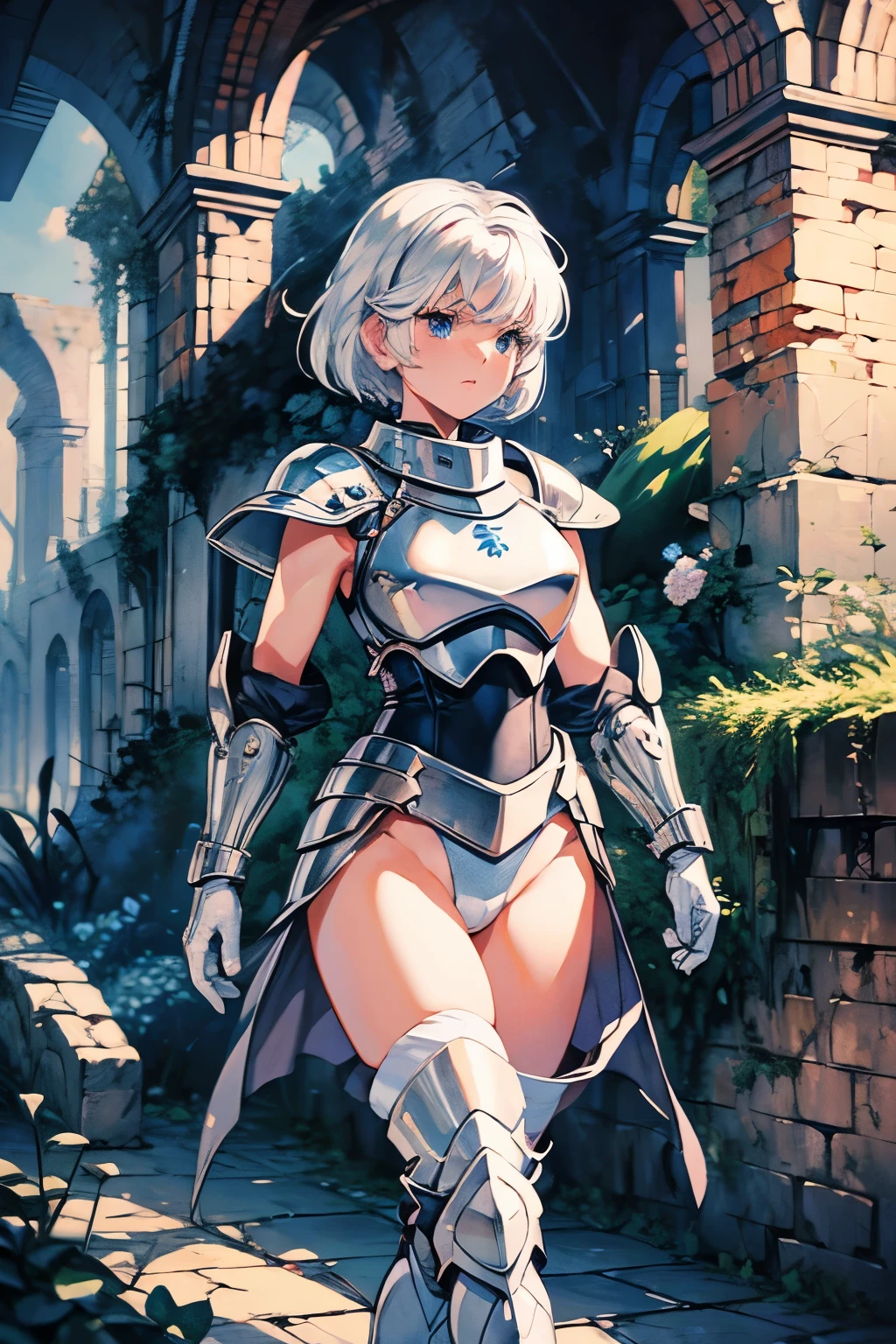 (((masterpiece))), (((best quality))), ((ultra-detailed)), (cinematic lighting), (illustration), (beautiful detailed eyes), (1girl), full body, knight, armour, light hair, best quality, expressive eyes, perfect face, Girl: (20s, white hair, short hair, white jumpsuit, grey and blue armour, black gloves, knee boots), dungeon, brick floor, stone floor, underground, moss, walking, armored leotard, retro anime, gb