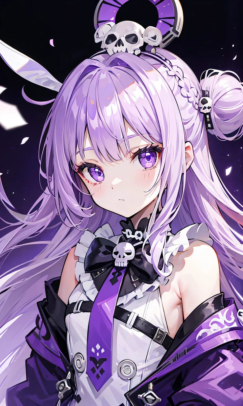 Long purple hair with double ponytail，Ring hair bun，Silver skull decoration，Purple and white clothes，Smart ，The face is cute like a rabbit