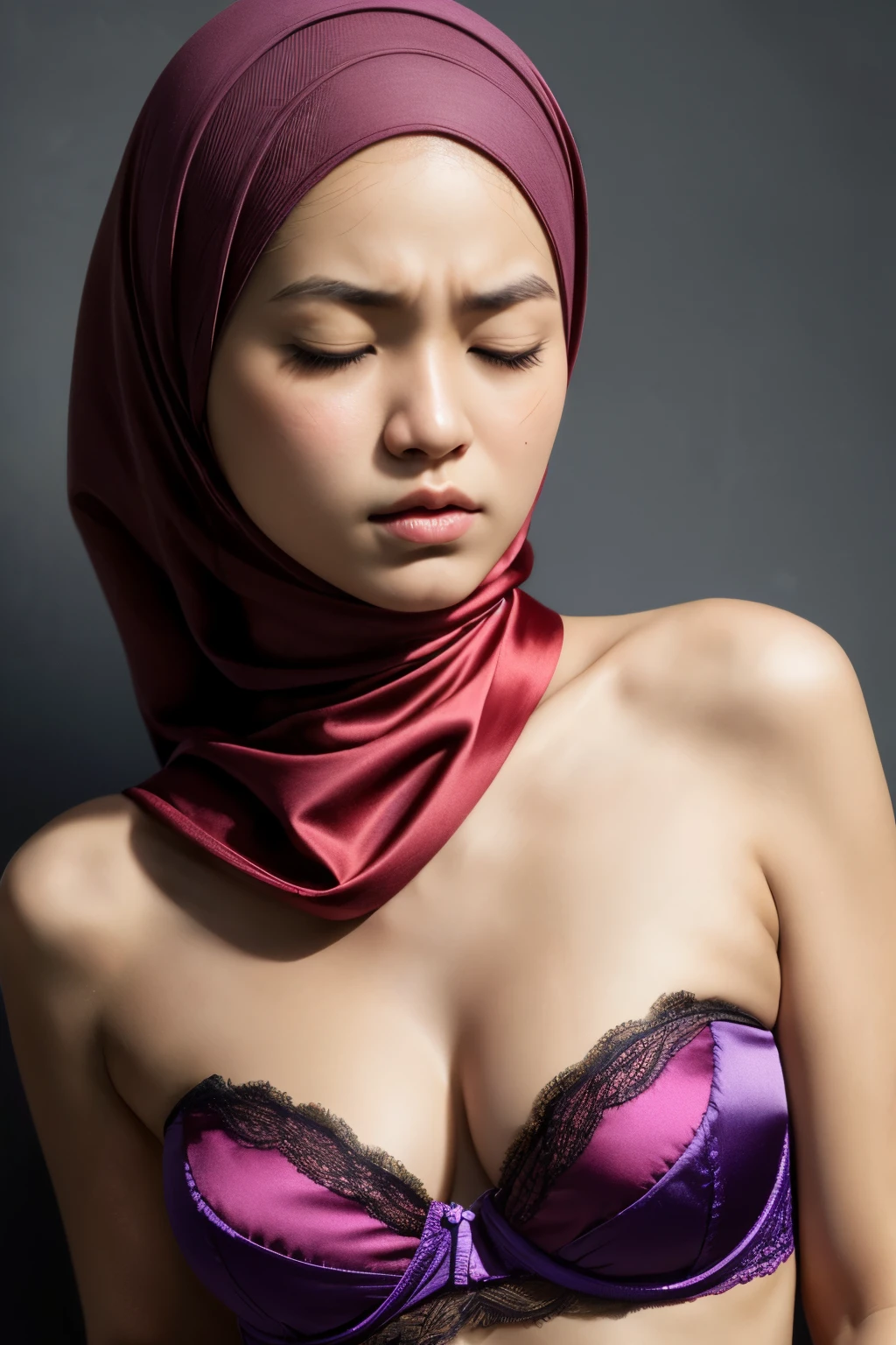 ((Realistic :2.2)), ((Naked Colourful)), ((Big Tits:0.1)), ((Flat Chest:1)), Wear kebaya coats and act like Rosyam, ((Closed Eyes)), ((Strapless Colourful bra Flat Chest)), Naked, Angry pose, Angry face, (((HIJAB MALAY GIRL))), masutepiece, High quality, UHD 45K, Realistic face, Realistic skin feeling , A Japanese Lady, , , Very cute and baby-like face, (((FLAT CHEST))), ((look In front at the camera and SADNESS)), (((VERY THIN SKINNY))), (((CUTE GIRL))), ((SATIN LACE)), ((UNDRESS)). Brown, Flat Chest, Sitting, from behind view up, seductive pose, (Small face)