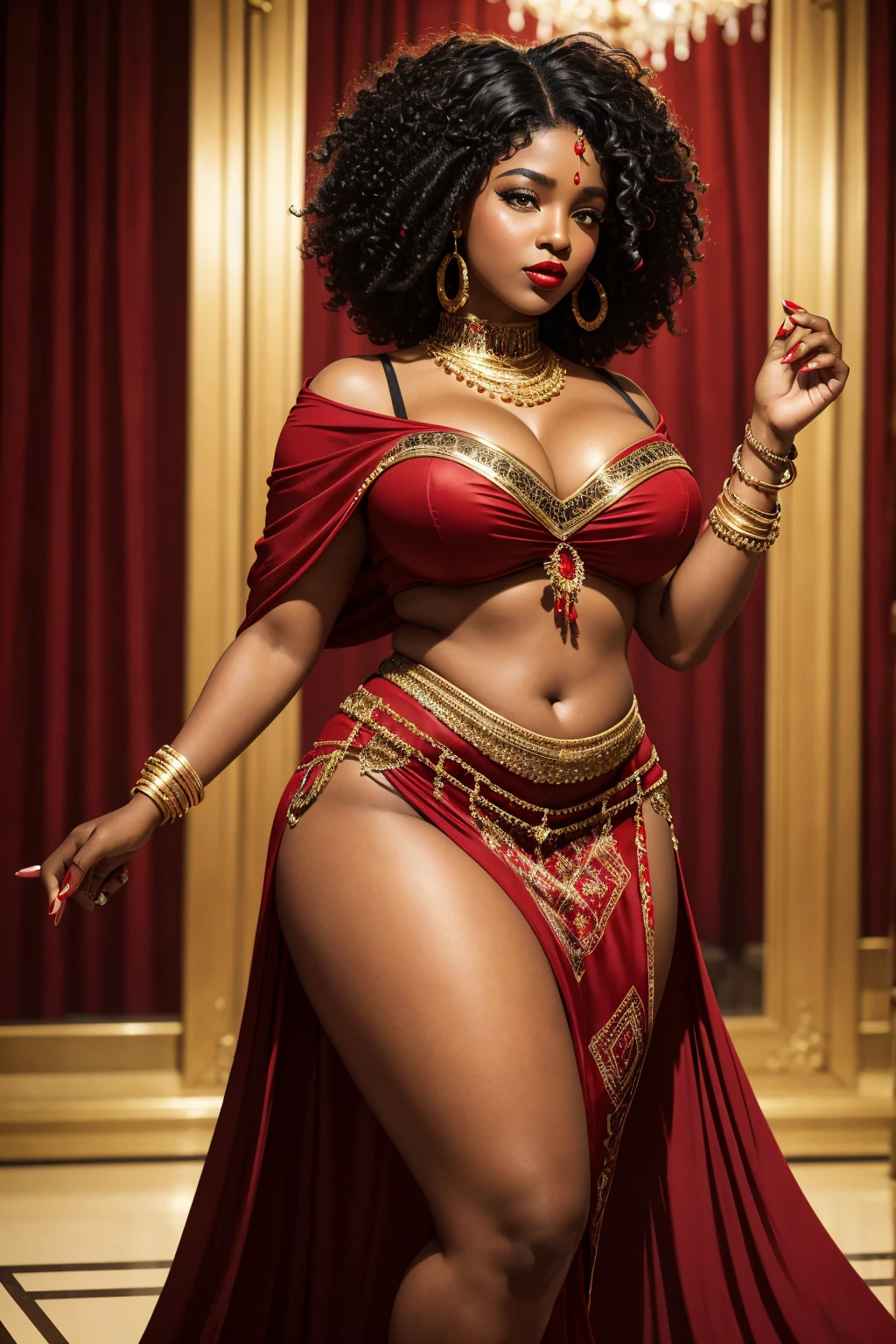 A Desert Princess, objective: full body shot, attire: a traditional ensemble composed of a vibrant, richly-colored robe with intricate gold embroidery, accentuating her dark deep rich melanin skin. She is depicted in a side view, with a regal posture, showcasing her gigantic ass hips and best quality, extremely voluptuous lower physique (focus:2). The image is captured in the best quality, shot on Kodak Portra 1200, UHD, eliciting a sense of awe and extravagance. #GiganticButtocks #GiganticButtocks --ar 2:3 --no