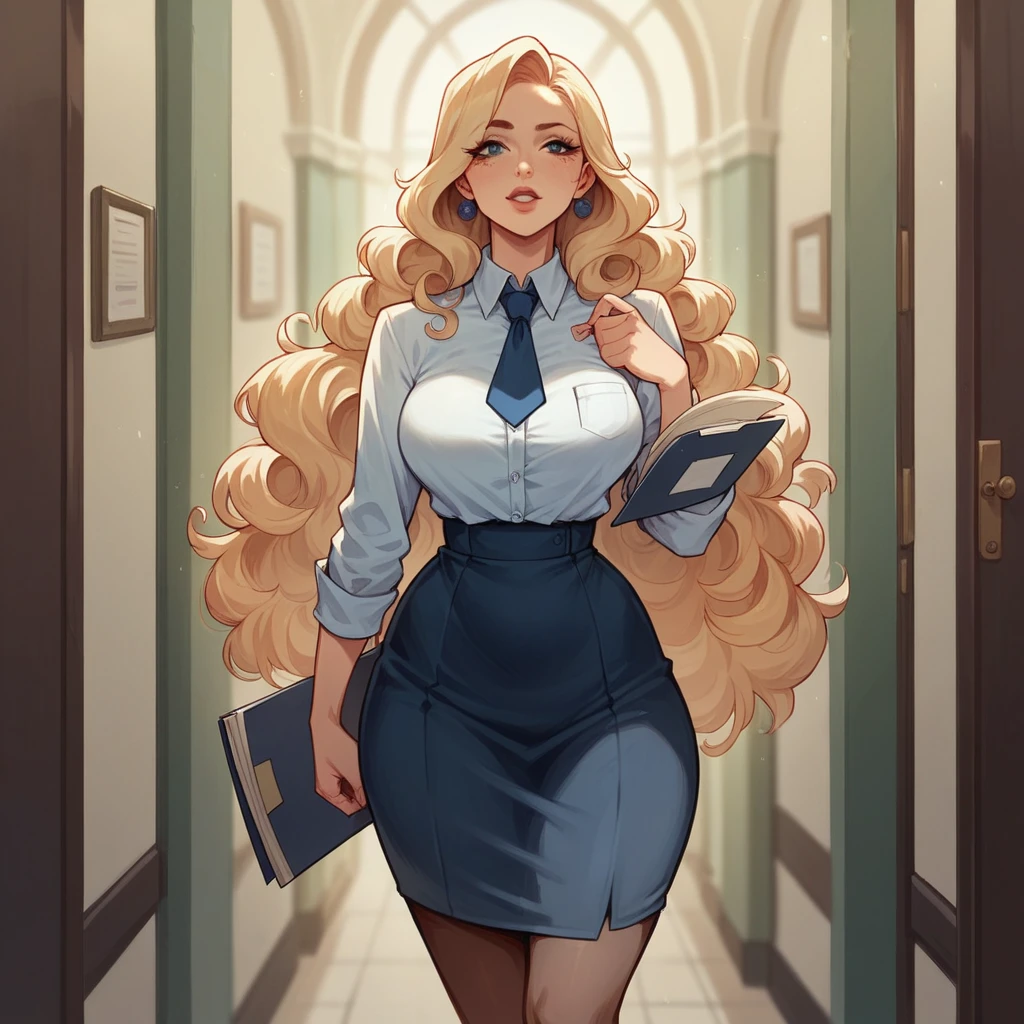 Beautiful woman 25 years old, not very high, long curly light blonde hair, Thin waist, big tits, well-shaped and large hips. She wears a secretary uniform with a tie, she is walking through the offices, carry a folder, She's irritated, other men admire her