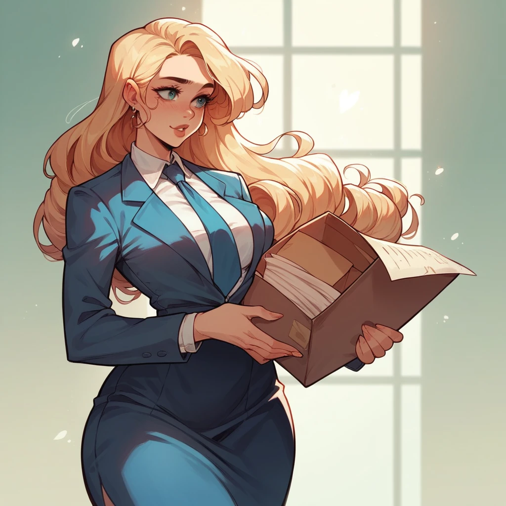 Beautiful woman 25 years old, not very high, long curly light blonde hair, Thin waist, big tits, well-shaped and large hips. She wears a secretary uniform with a tie, she is walking through the offices, carry a folder, She&#39;s irritated, other men admire her