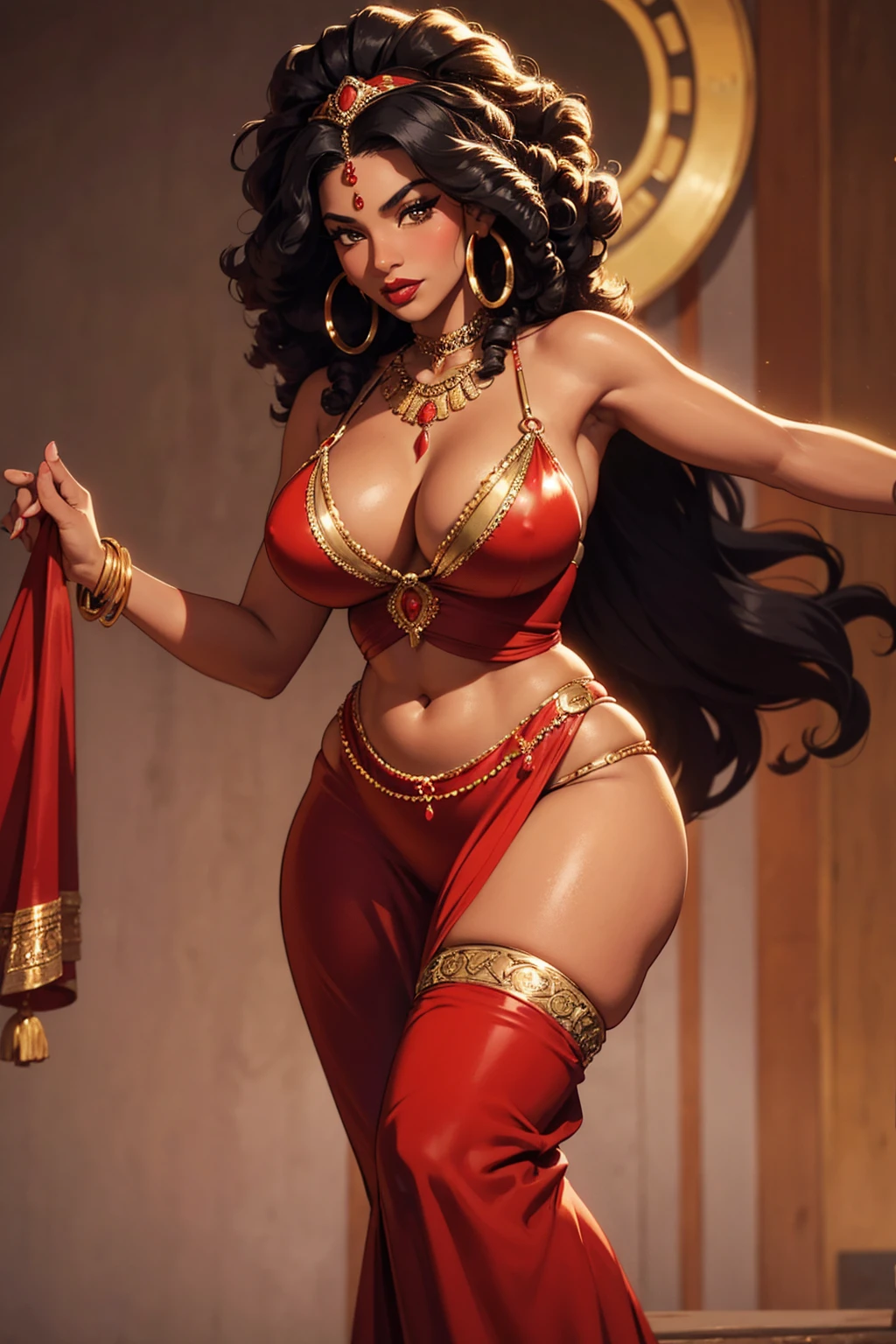 25 year old black woman, curly hair with strands falling in front of the face, intense red lipstick, voluptuous curves, red gypsy clothes with golden details also using typical accessories, in a dance pose