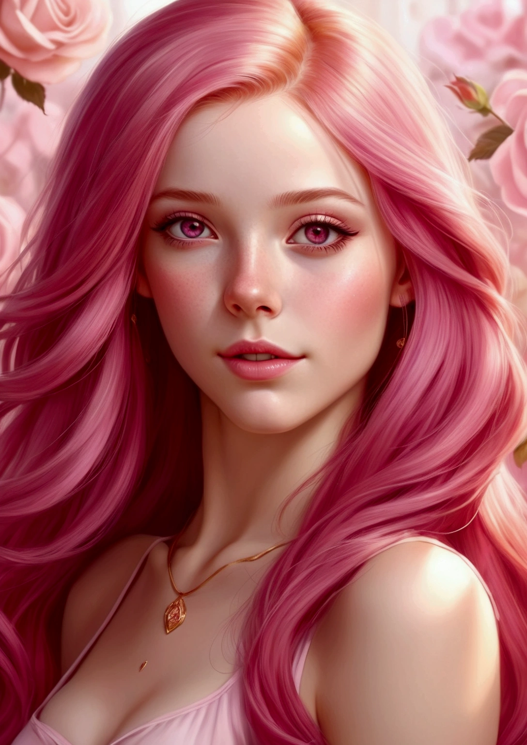 Adorable and innocent face, fair skin, (long pink hair), magenta eyes, slender European young woman, pink gold rose gold color theme, anatomically correct, realistic proportions