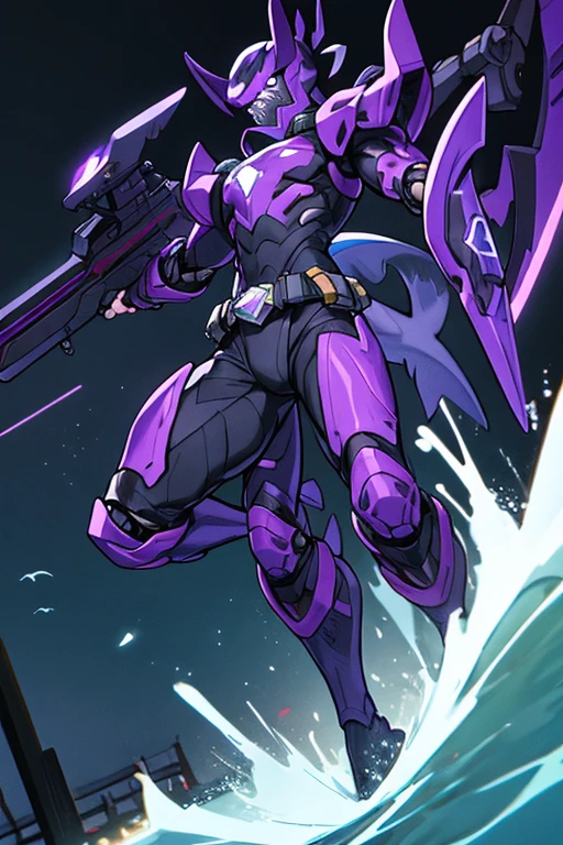 ((best quality)), ((masterpiece)), (detailed), 1 male, full body, 25 years old, masked, purple mask covering his entire head, smooth head, mask covering his mouth, 1 small shark fin-shaped crest on his head, diving mask, angry expression, black collar, tall and strong, very athletic, shark fins, gray details, mechanical shark jaw on his neck, purple fingerless gloves, purple wristbands, water shooters, purple nanotech suit resembling light armor, purple chest with an emblem, green fly emblem on his chest, green emblem, purple pants, shark tail, blue knee pads, metallic purple boots, black superhero belt, standing on a pier by the sea, night city background, anime