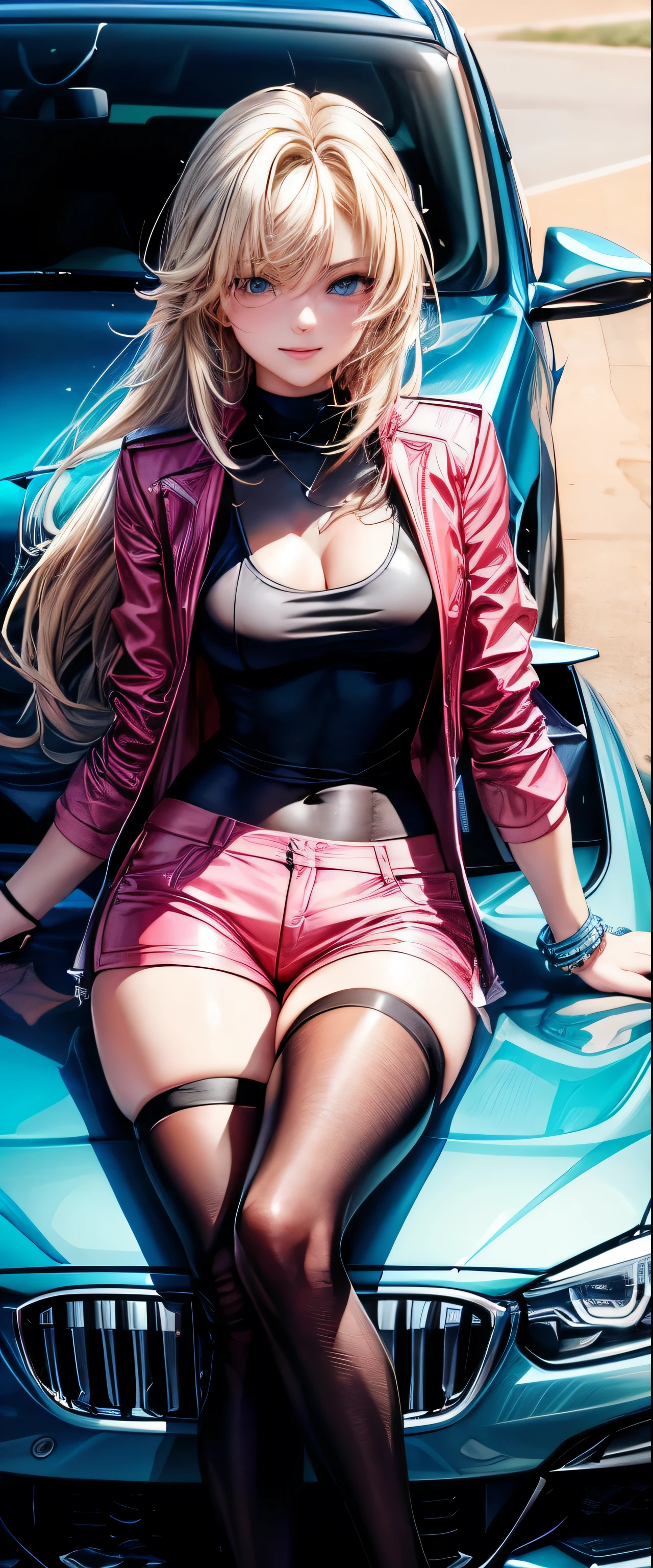 1girl,sit on a car,bmw sports car,pinkish background,medium breast,jacket,v neck,maintain figure,blonde hair,blue eyes,hot pants,thigh socks,bracelets,high quality,best quality,master piece,detail hair,detail face,good anatomy,seductive smile,long nails, slim body