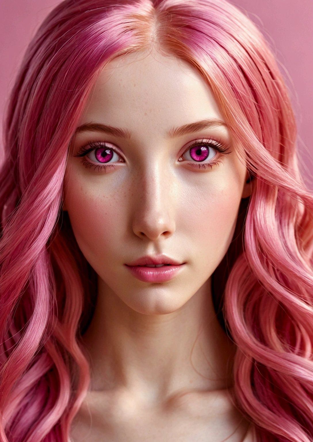 Adorable and innocent face, fair skin, (long pink hair), magenta eyes, slender European young woman, pink gold rose gold color theme, anatomically correct, realistic proportions