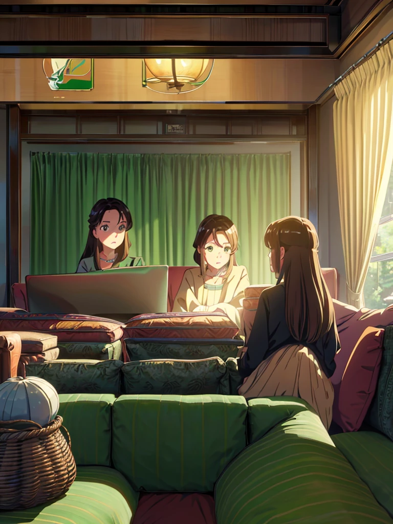 Two twin girls (both are talking about their classes) brown hair with emerald green eyes, {anime style} {best quality} They are sitting in an armchair in the living room (common room, European design, average European house) (background perspective, inclined 20 degrees to the left of the twins' position) (they are using their laptops, each with their own laptops on their laps)