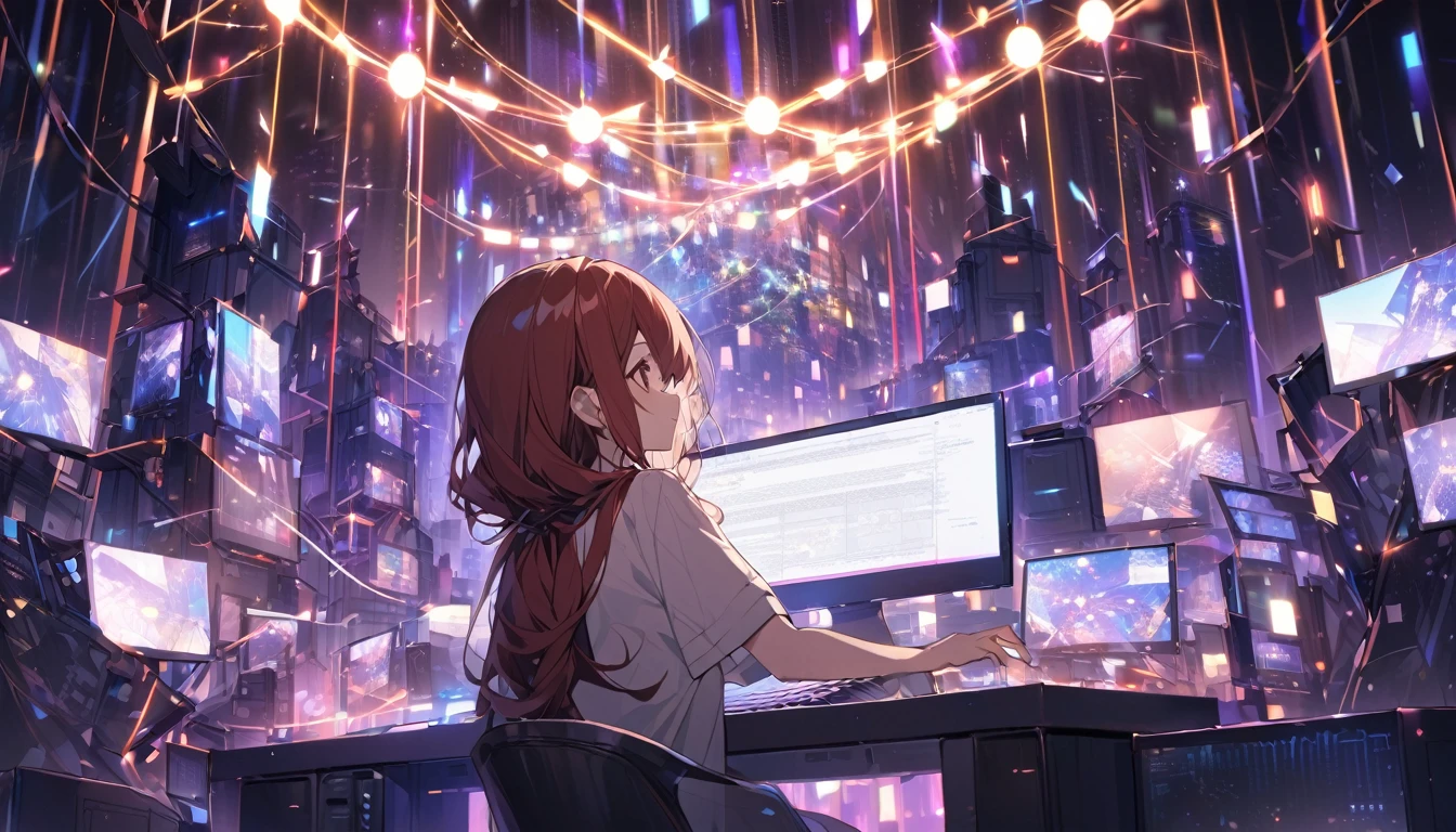 a young brown woman, without bangs and long dark red hair, inside a virtual world of networks and connections of lights with which she interacts and moves with her hands with a virtual computer keyboard in front of her.