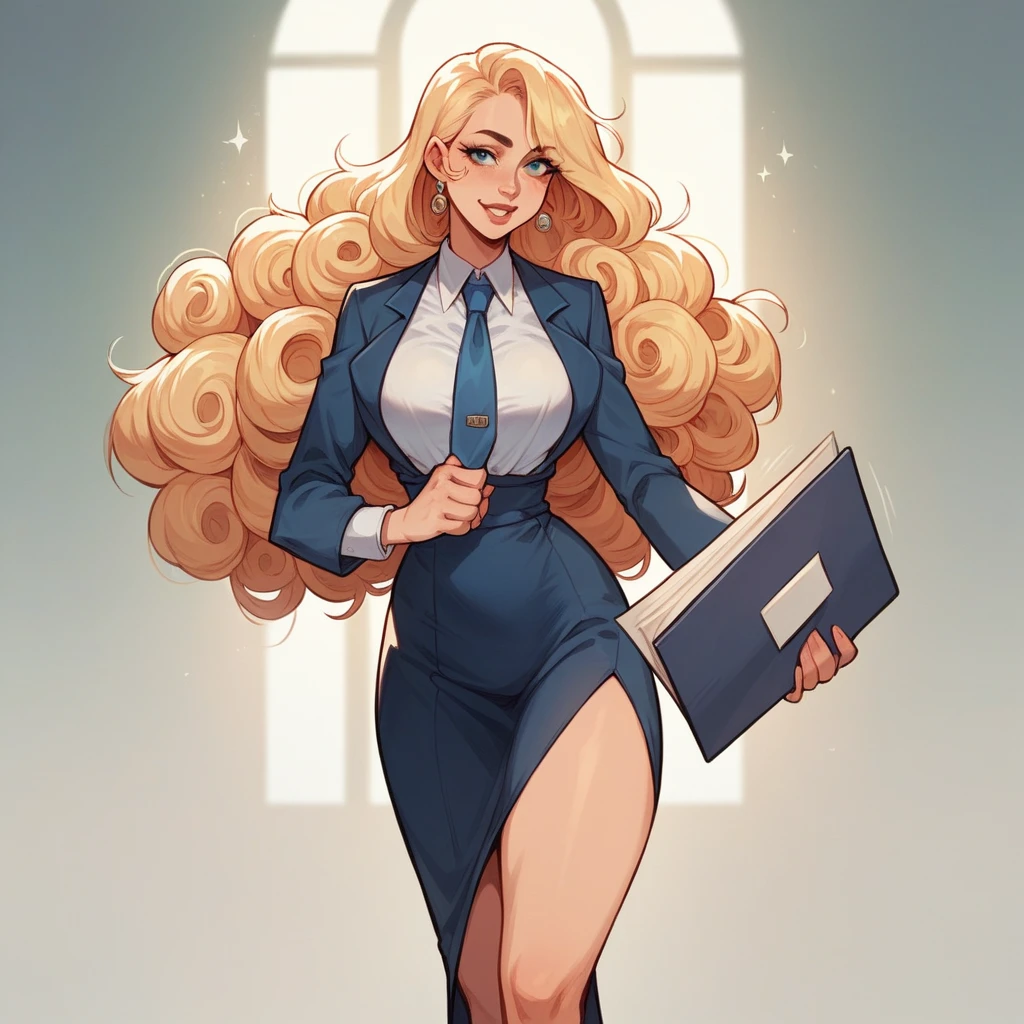 Beautiful woman 25 years old, not very high, long curly light blonde hair, Thin waist, big tits, well-shaped and large hips. She wears a secretary uniform with a tie, she is walking through the offices, carry a folder, She's irritated, other men admire her