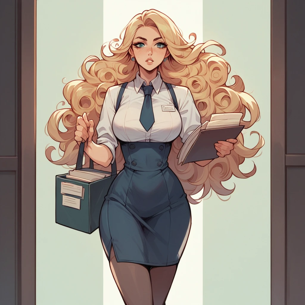 Beautiful woman 25 years old, not very high, long curly light blonde hair, Thin waist, big tits, well-shaped and large hips. She wears a secretary uniform with a tie, she is walking through the offices, carry a folder, She's irritated, other men admire her