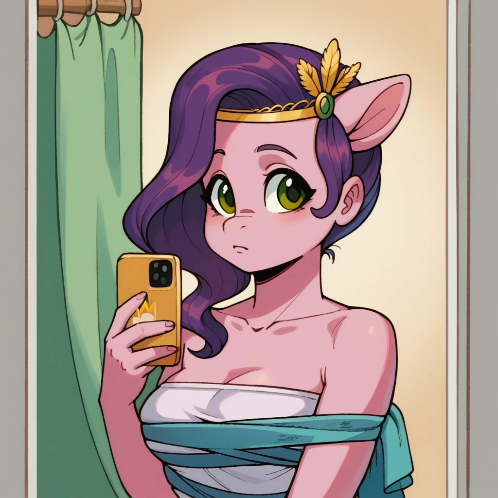 score_9_presence, score_8_up, Pipp Petals, mlp, G5, wrapped in towel, medium breasts, holding phone