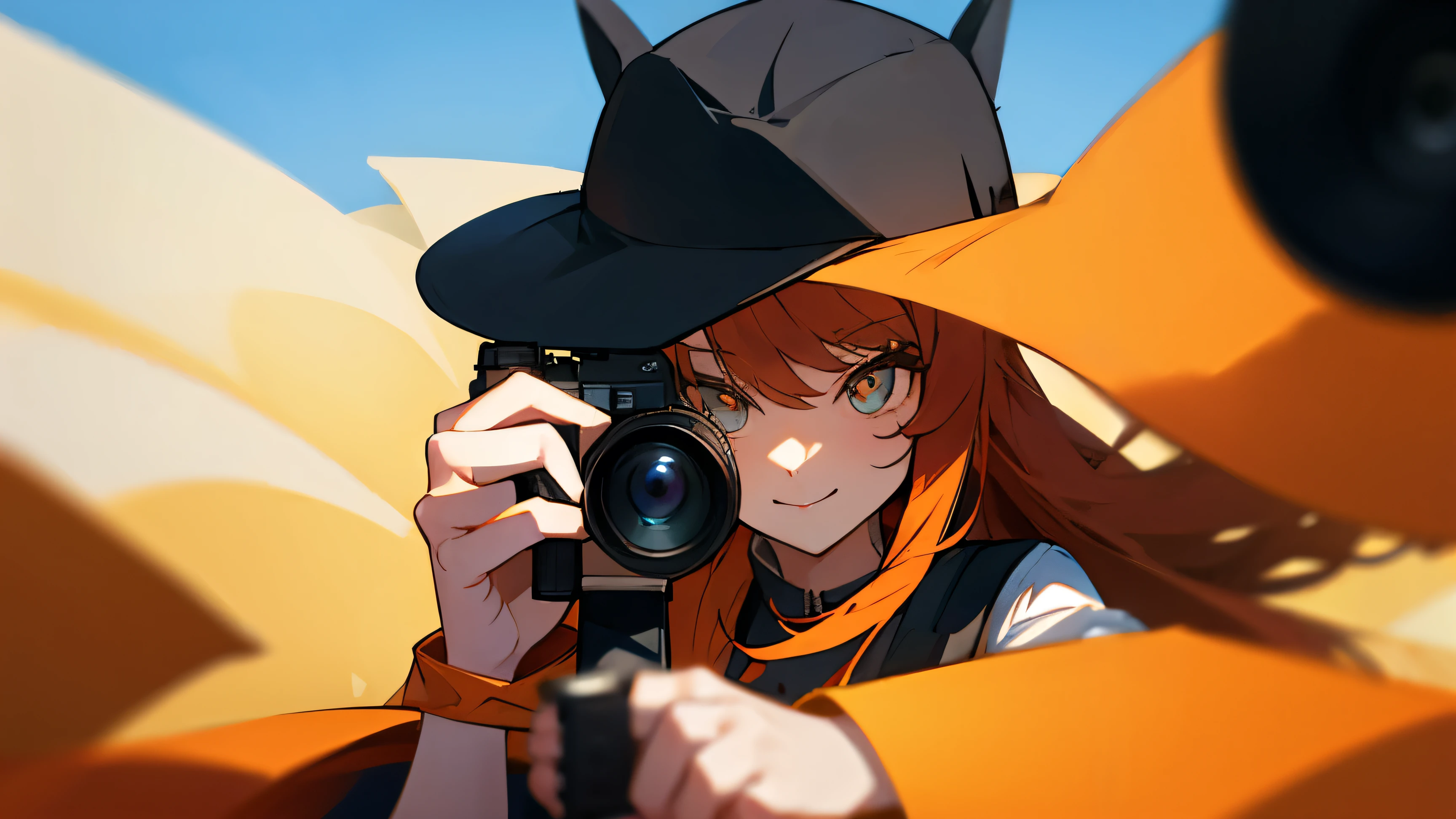 One holding a camera facing the camera,Long hair wearing a hat,Smile