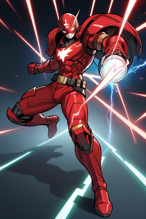 ((best quality)), ((masterpiece)), (detailed), 1 man, full body, 30s, black masks, red helmet that covers his entire head, smooth helmet, uncovered face, helmet with a flashlight on his forehead, black collar, tall and muscular, very large, red armor, 2 large tubes, transparent electricity tubes on his chest, large red gloves, red wristbands, red suit, fist emblem with lightning bolts on his chest, fist, red pants, black knee pads, metallic red boots, superhero belt, lightning bolts in the air, hitting the highway, superhero pose, lightning bolts come out, night city background, anime