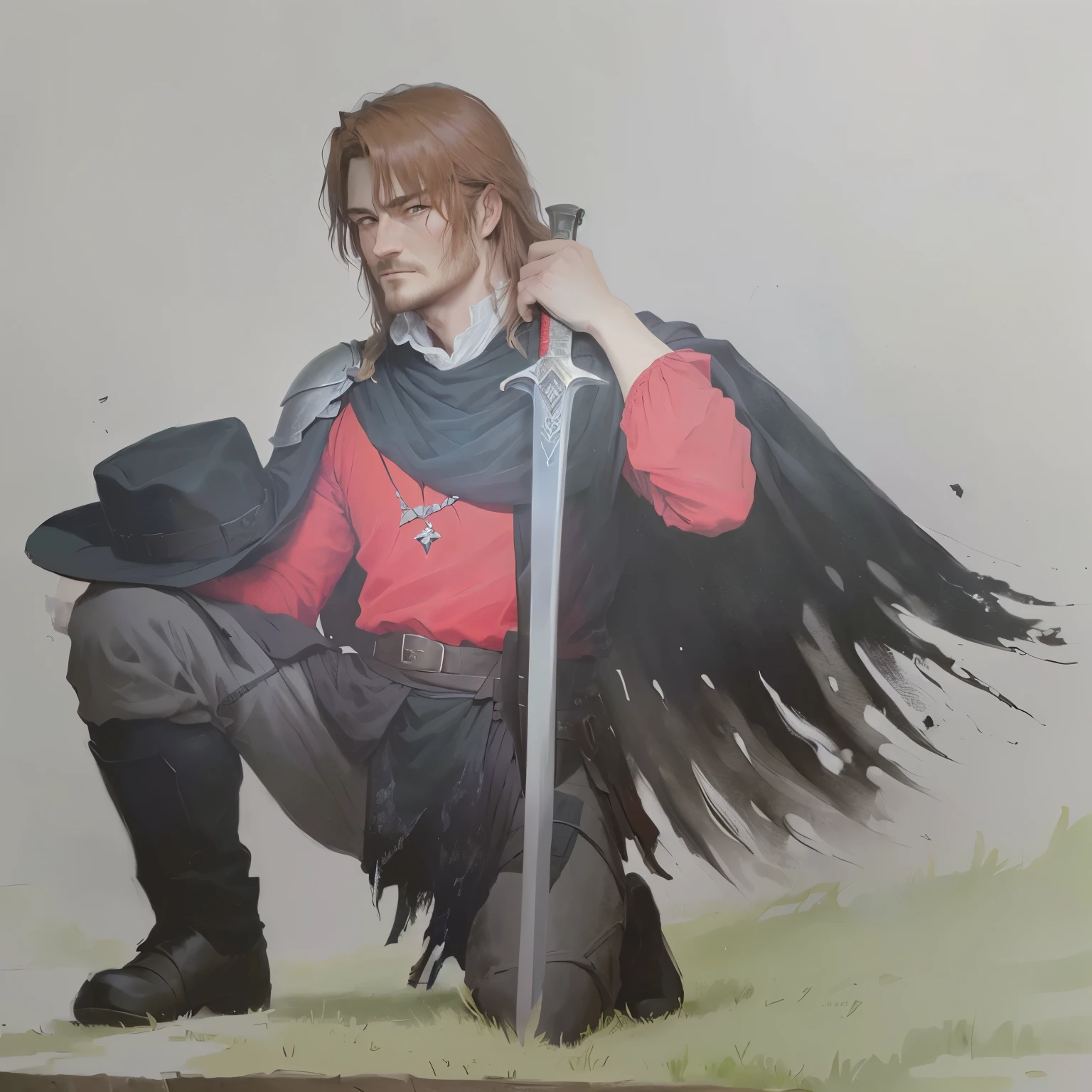 painting of a man with a sword and a red shirt, with a black hat in hand, on his knees, as a medieval fantasy character, inspirado em Robert Walker Macbeth, inspired by Clovis Trouille, painting of a knight, inspired by Ambrosius Holbein, inspirado em Eleanor Fortescue-Brickdale, boromir in an 80\animes world, inspired by Edmund Greacen