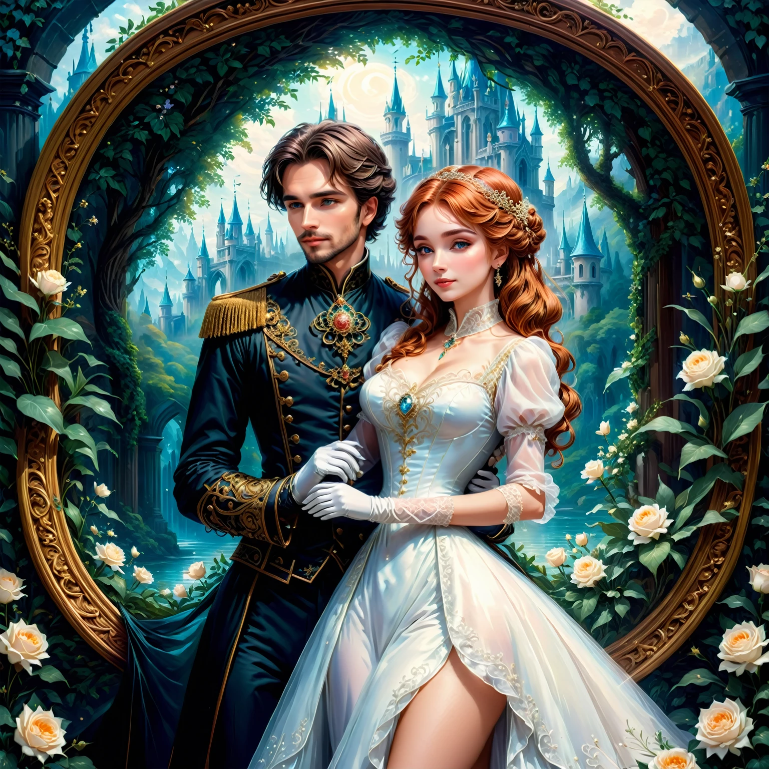 arafed image of a couple in a wedding dress embracing in a circular frame, guipure gloves, romanticism art style, fantasy victorian art, beautiful digital artwork, romantic era painting, by Alexander Kucharsky, beautiful fantasy art, breathtaking fantasy art, fairytale artwork, a beautiful artwork illustration, detailed fantasy digital art, very beautiful fantasy art, art of edouard bisson