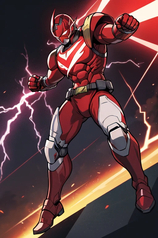 ((best quality)), ((masterpiece)), (detailed), 1 man, full body, 30s, black masks, red helmet that covers his entire head, smooth helmet, uncovered face, helmet with a flashlight on his forehead, black collar, tall and muscular, very large, red armor, 2 large tubes, transparent electricity tubes on his chest, large red gloves, red wristbands, red suit, fist emblem with lightning bolts on his chest, fist, red pants, black knee pads, metallic red boots, superhero belt, lightning bolts in the air, hitting the highway, superhero pose, lightning bolts come out, night city background, anime