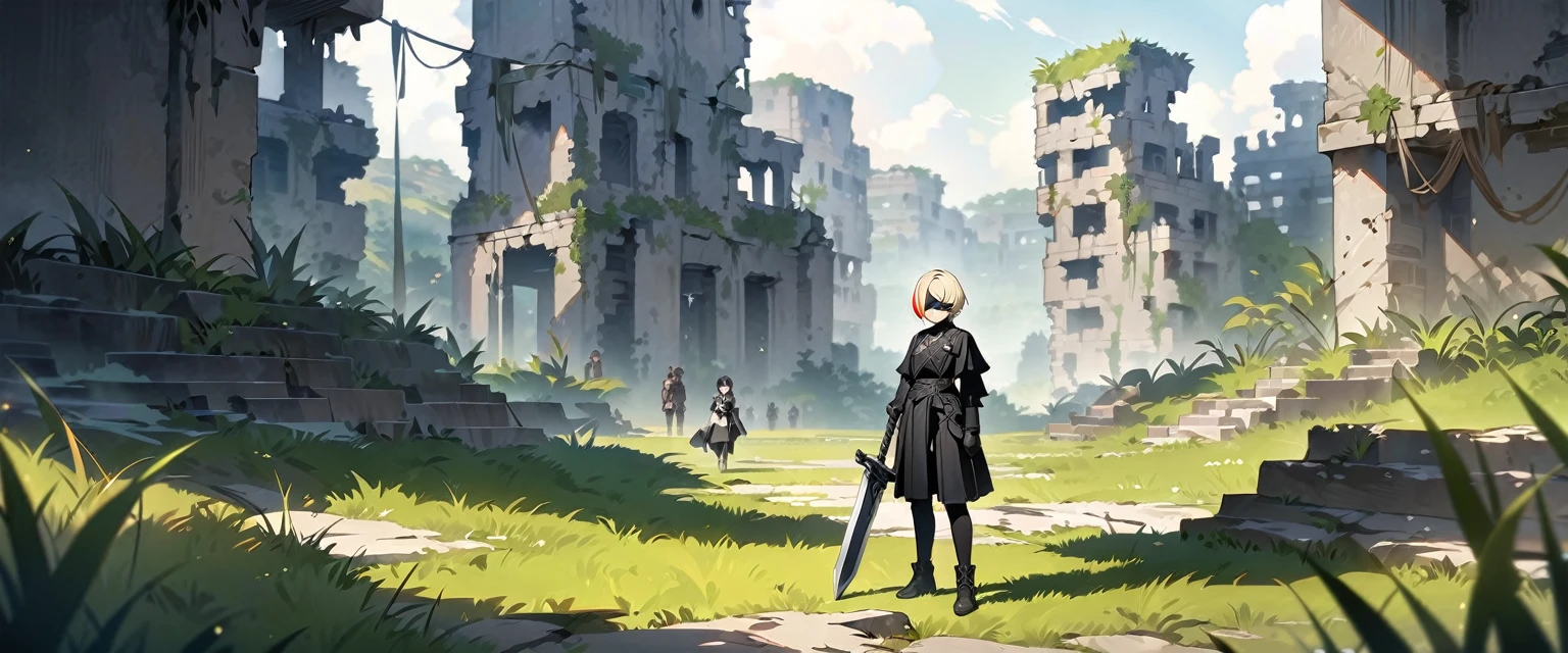 (((masterpiece,Highest quality))),(((Short-haired anime androgynous male in a gothic black outfit))),((Androgynous but male)),(((red and blonde streaked hair,highlights hair))),((Wearing a black cloth blindfold)),((Has a mechanical sword,Carrying a mechanical spear)),(((Standing in the grassland of the ruins of a lost civilization))),((Nier Automata style)),alone,Focus on people,(high quality),アニメ
