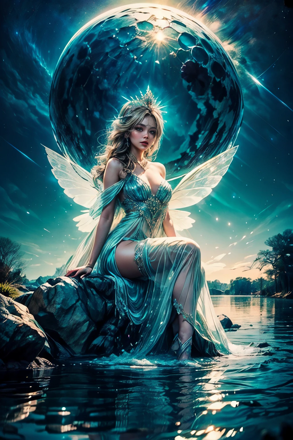 A majestic fairy queen, sitting on the shore of a crystal clear lake and behind a beautiful forest, all this under a starry ht sky and a fascinating full moon whose light can be seen reflected in the lake. The fairy with light brown eyes, a delicate complexion and well-defined feminine features, If long white hair fell over her right shoulder touching the waters of the lake. Its wings were transparent although with a sky blue tone mixed with a light green..