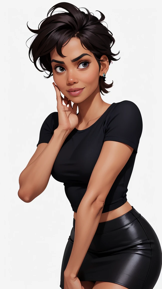 (cartoon style:1.2), Drawings of ([Halle Berry]), portraite, wearing black tee, tight skirt, ssmile, perfects eyes, face detailed, White background, fun pose, seducing gaze, centred, scale to adjust dimensions