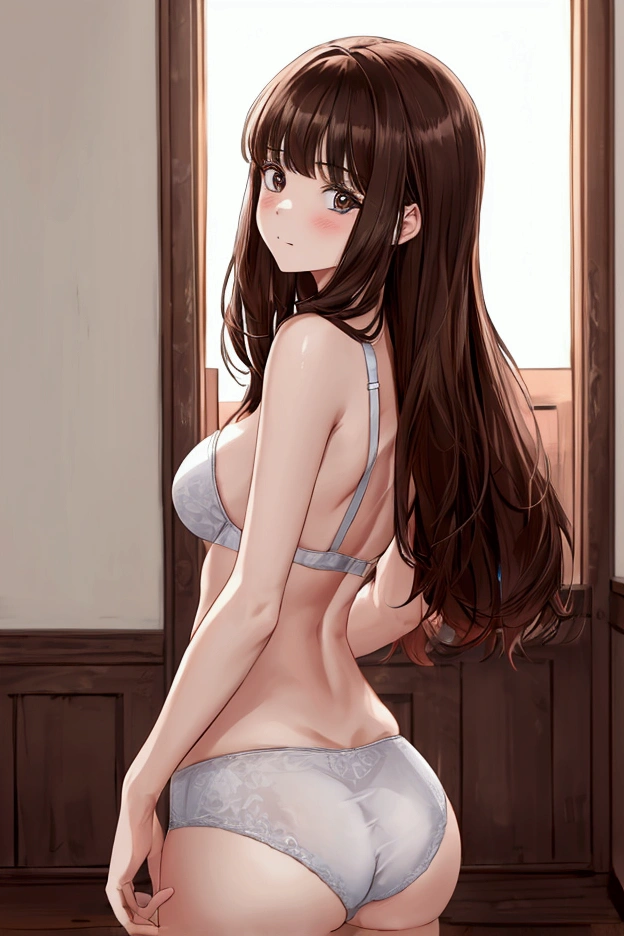 (8k,RAW Photos,Highest quality,masterpiece:1.2),High-quality RAW color photos,Professional photography,Cinematic Light,((young woman,Gal)),Brown Hair,Looking at the audience,underwear,bulging big breasts,sight,Small face,bangs,beauty,One person,Place your hands behind your back