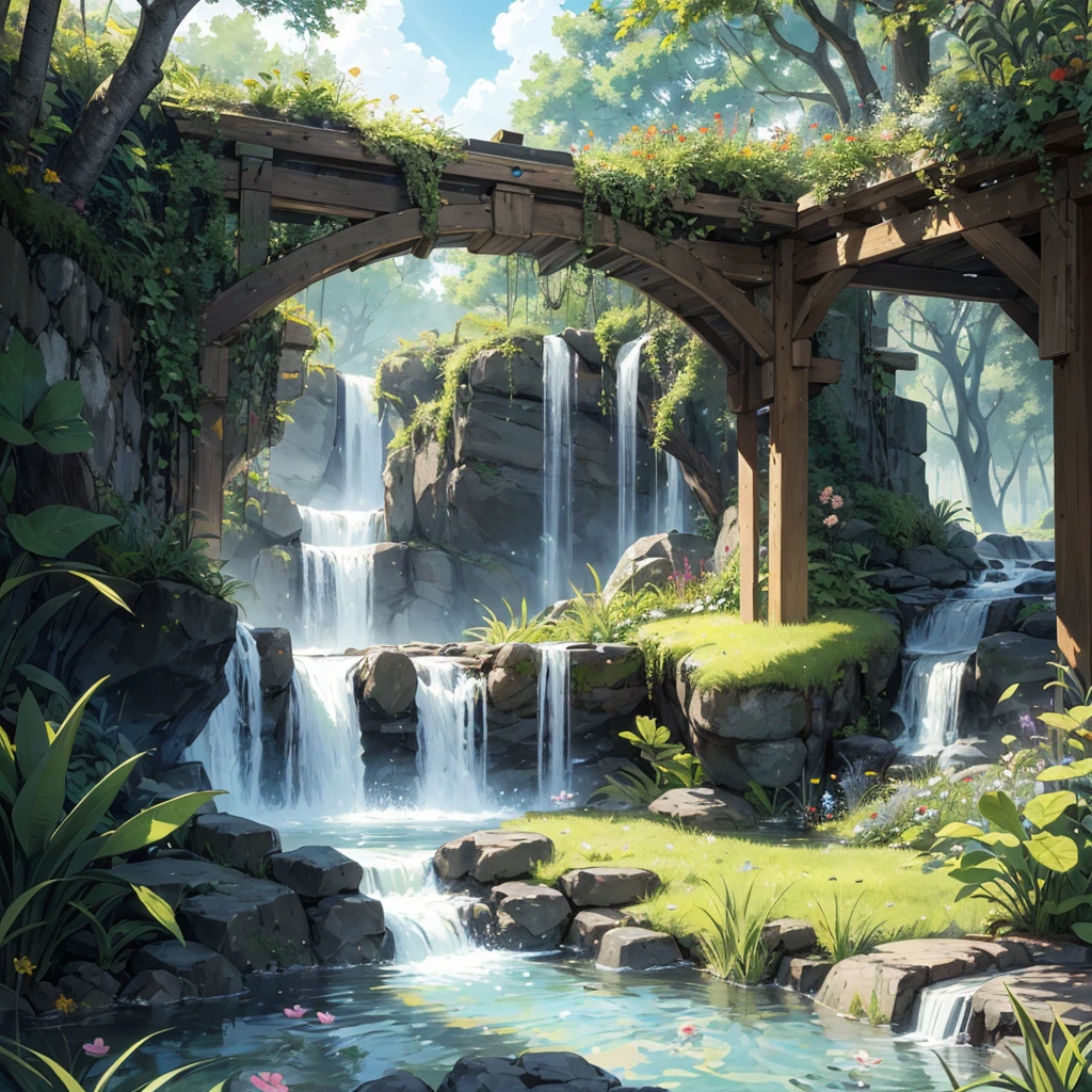((best quality)), ((masterpiece)), (detailed), a community of little fairies working to revive a faded and gray water spring