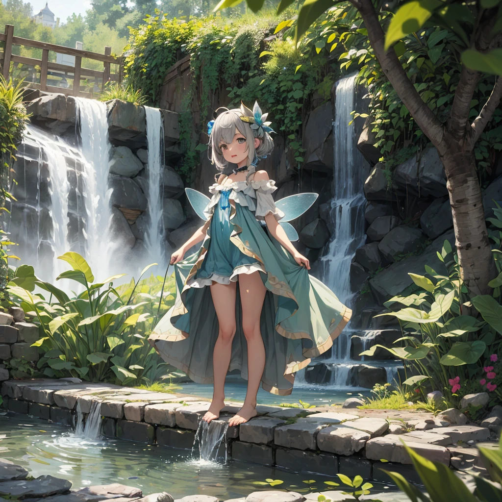 ((best quality)), ((masterpiece)), (detailed), a community of little fairies working to revive a faded and gray water spring