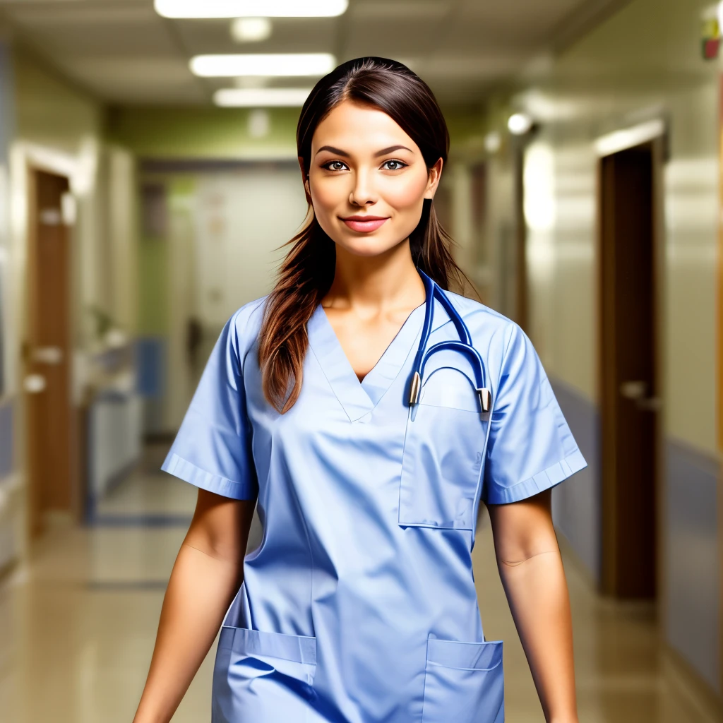 (nurse), stand in the ward with a warm smile and eyes full of care and encouragement. She seems to be a warm light for the patient. The background is the warm ward, full body, award-winning, cinematic still, emotional, vignette, dynamic, vivid, (masterpiece, best quality, photorealistic, Professional, perfect composition, very aesthetic, absurdres, ultra-detailed, intricate details:1.3)