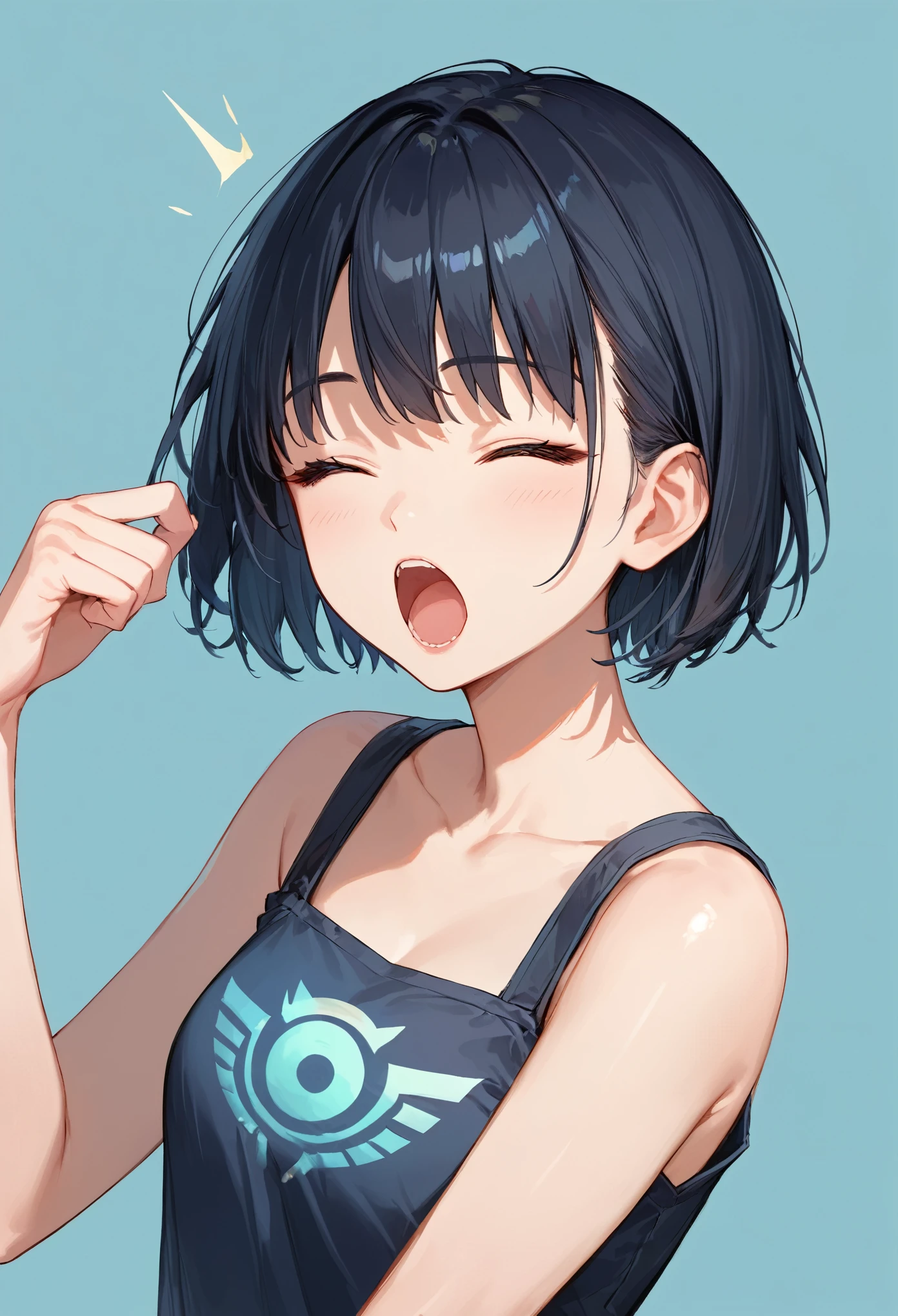 score_9, score_8_up, score_7_up,source_anime, high res image,masterpiece,best quality,girl,cute face,clear skin,simple background,black hair,short hair,night vibes,yawning,