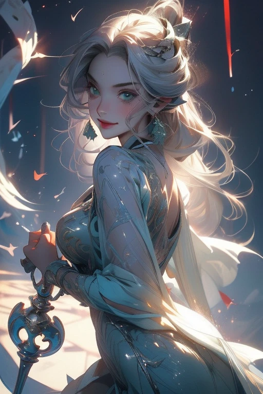 Perfect face. Perfect hands. A young silver haired woman with green eyes and an hourglass figure is smiling in a flurry of greed rose petasl