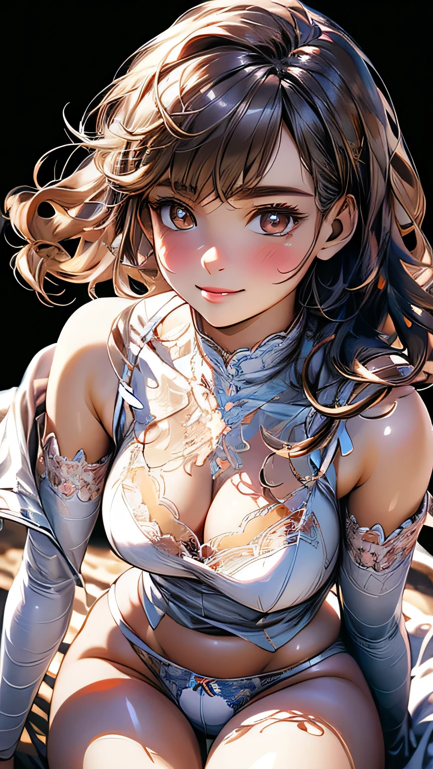 (masterpiece:1.2, Highest quality), (Realistic, photoRealistic:1.4), Beautiful illustrations, (Natural Side Lighting, Cinema Lighting), ((cowboy shot))
View your viewers, 1 girl, Japanese, Junior high school girl, , Perfect Face, cute and symmetrical face, Glowing Skin, thin,
(Mid-length hair:1.2, Half Up:1.4, Light brown hair), Asymmetrical bangs, Brown eyes, Long eyelashes, (Mid-chest:0.7),
Beautiful Hair, Beautiful Face, Beautiful details, Beautiful clavicle, Beautiful body, Beautiful fingers, (((Panties are visible))) ((Very large saggy tits)), ((In underwear、White lace underwear))((Fullback panties))Underarm , Slightly , Very large breasts, Full body angle, 14 year old woman , Thick thighs
((Detailed cloth texture)),
(Beautiful views), evening, (cute, cute smile, Upward glance),