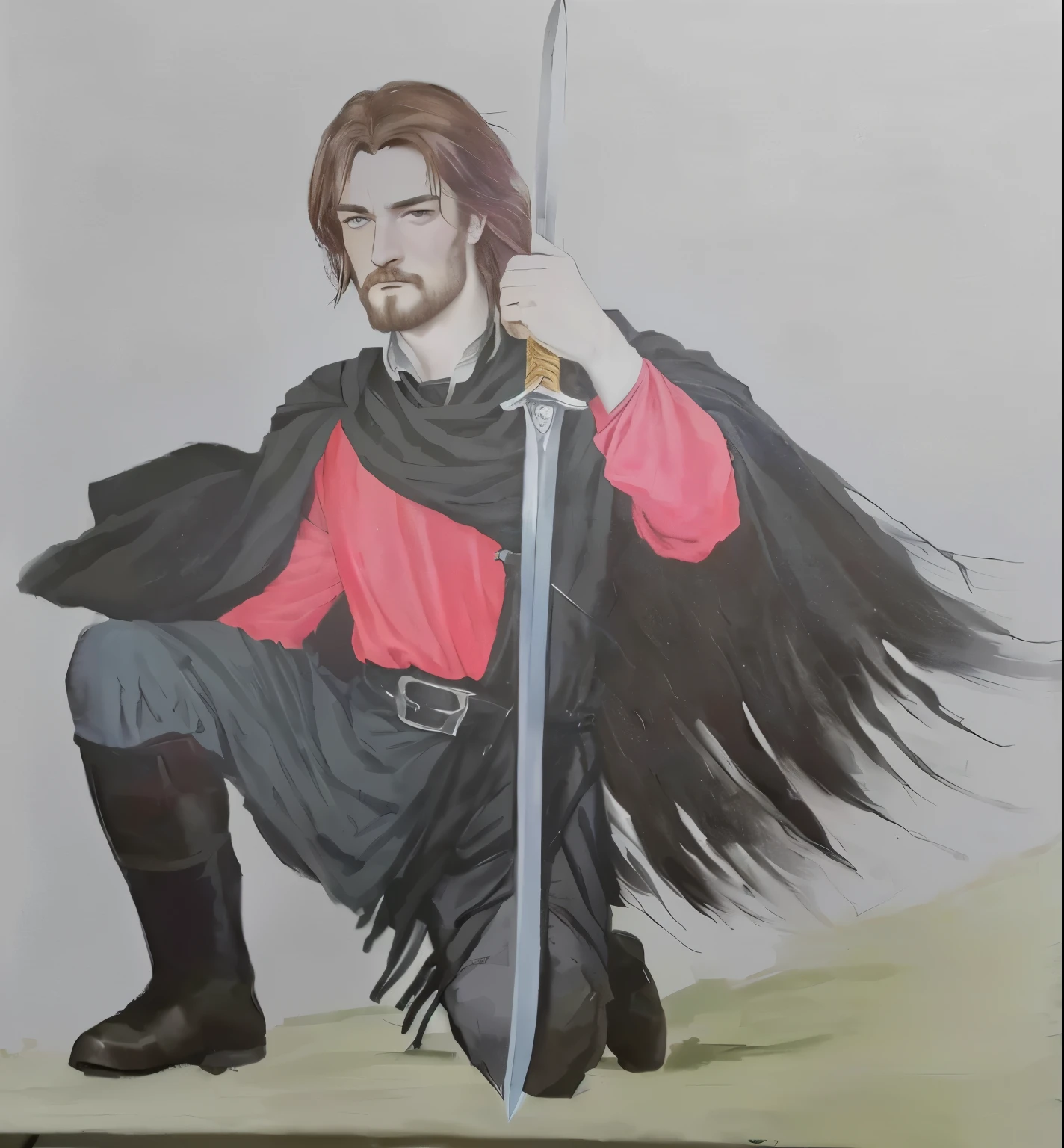 painting of a man with a sword and a red shirt, inspired by Robert Walker Macbeth, painting of a knight, like a medieval fantasy character, inspired by Clovis Trouille, inspired by Ambrosius Holbein, inspired by Hans Memling, boromir in an 80\animes world, inspired by Eleanor Fortescue-Brickdale, holding a broadsword