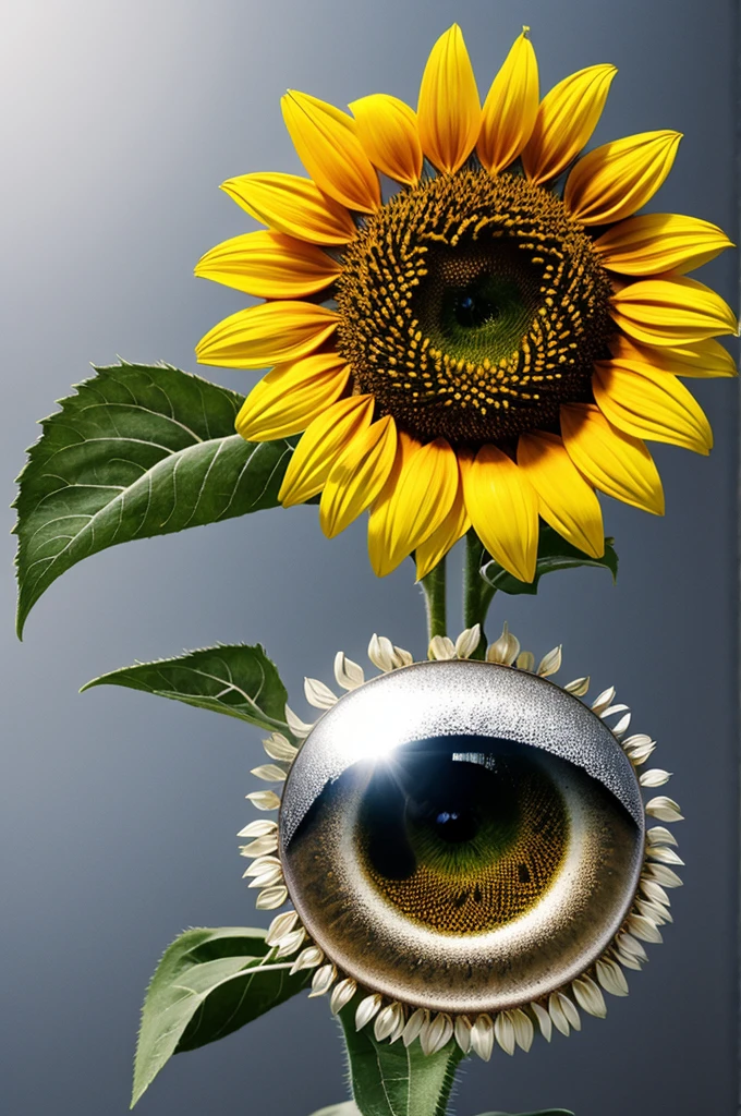 The sunflower has eyes on a silver background