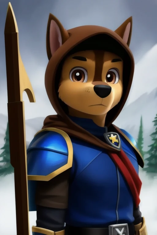 detailed fluffy fur texture, impasto impressionism, detailed eyes, highly detailed pupils, solo, furry, anthro, chase-pp, male, brown eyes, brown fur, light brown body, fur body, fully clothed, wide hips, inner fluff ears, front view, grumpy expression, blue fantasy ranger outfit, armor, dungeons and dragons, hood, crossbow in right hand, anime style, masterpiece, beautiful