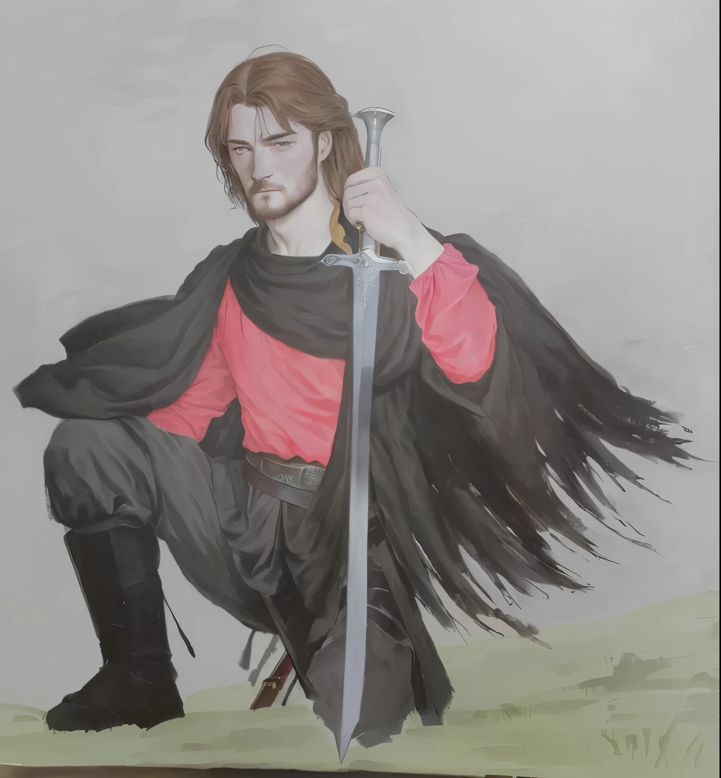 painting of a man with a sword and a red shirt, inspired by Robert Walker Macbeth, painting of a knight, like a medieval fantasy character, inspired by Clovis Trouille, inspired by Ambrosius Holbein, inspired by Hans Memling, boromir in an 80\animes world, inspired by Eleanor Fortescue-Brickdale, holding a broadsword