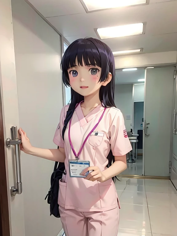 girl, alone, (ruri gokou), Hime cut, 医療用scrub、scrub、Female nurse、Hold in hand、Short sleeve、Long trousers, (ID card)、strap、Hospital corridor、Warm lighting、sense of cleanliness