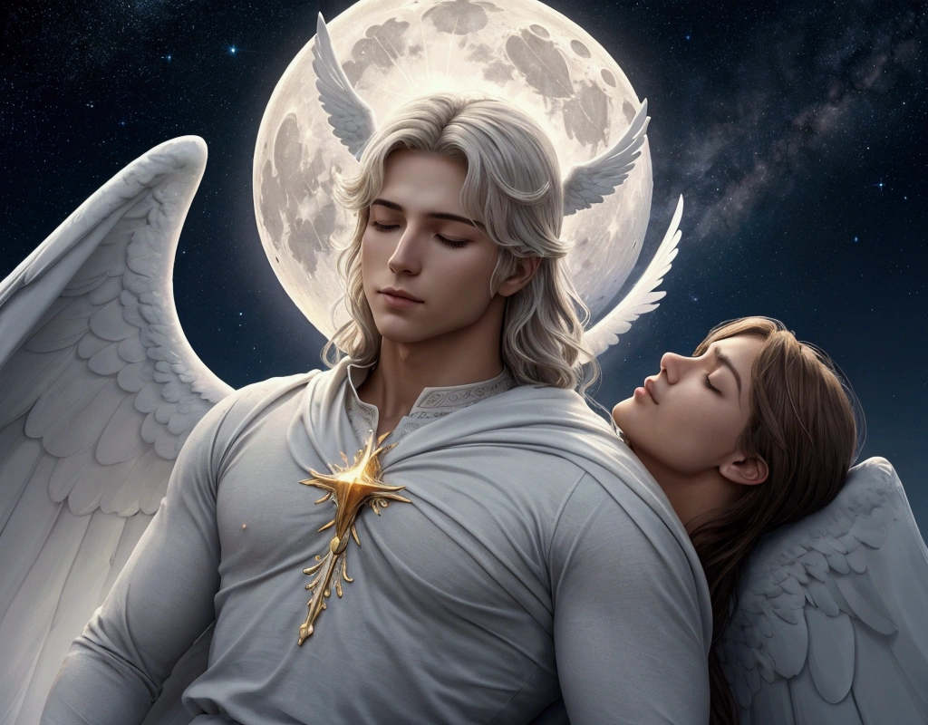 Create a relaxing, serene image that evokes peace and tranquility. The image should show an angelic figure of Michael the Archangel Man in soft tones, well-defined and strong man&#39;s face, surrounded by a bright, protective light. No fundo, place a starry night sky with a full moon. Use soft colors and calming tones to convey a feeling of deep relaxation.
