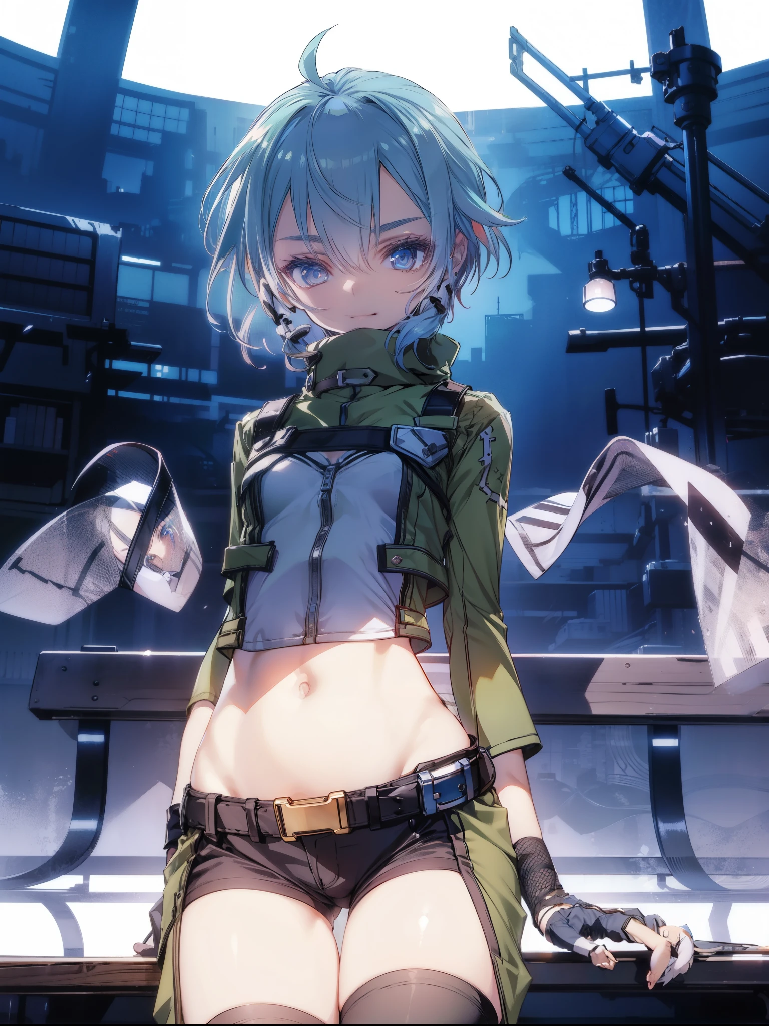 yuffiekisaragi, Yuffie Kisaragi,Haircuts, pixie cut,
壊す crop top, fingerless gloves, fishnet Thighhighs, fishnet, forehead protector, gloves, head band, belly button, short shorts, shorts, single sleeve, single thigh high, No sleeve, No sleeve turtleneck, Thighhighs, turtleneck,
bench、blue sky、smile, solo,rising_leg