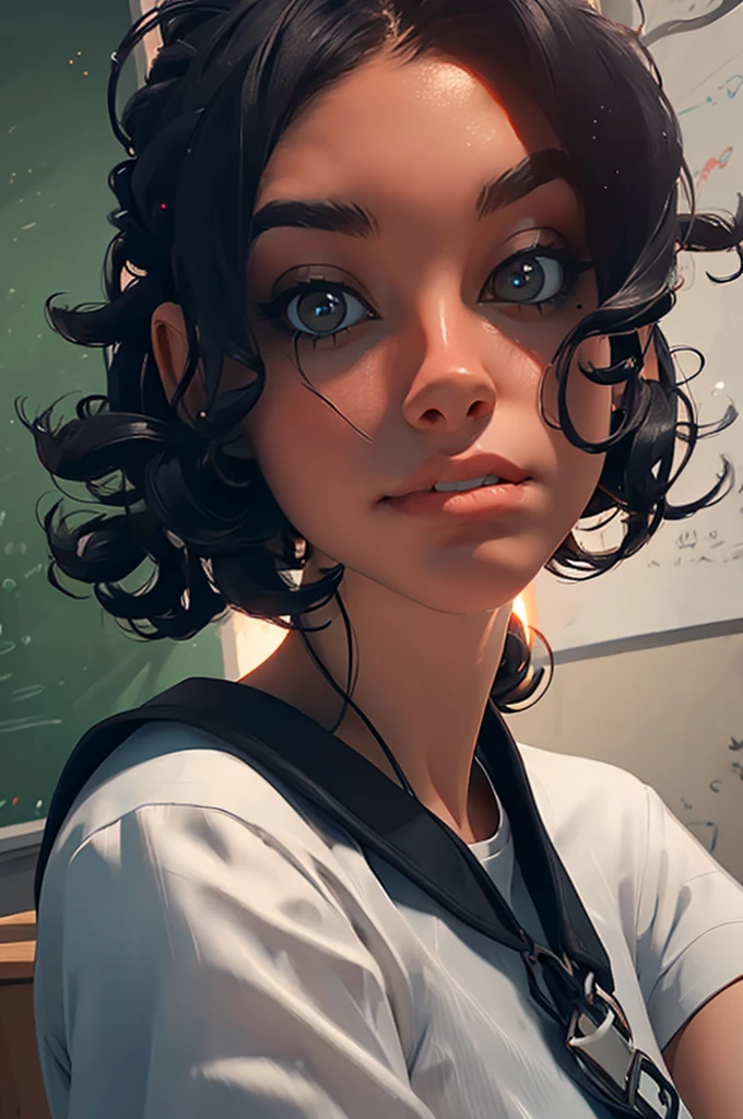 1girl, portrait of shot of re4ashley, athletic, black , white shirt, classroom, volumetric lighting, best quality, masterpiece, intricate details, tonemapping, sharp focus, hyper detailed, trending on Artstation, realistic, 